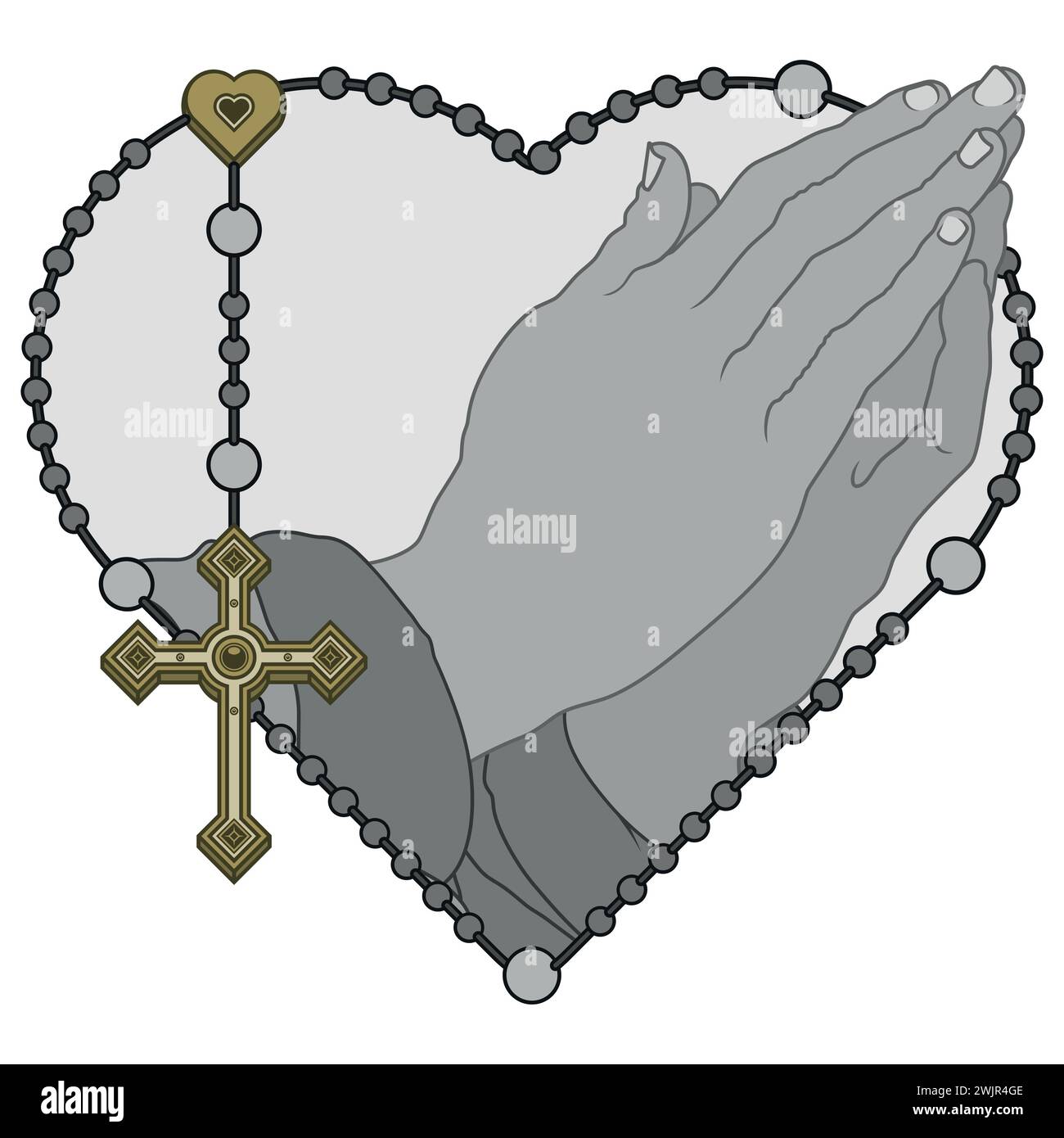 Disegno vettoriale di mani di preghiera con rosario a forma di cuore, rosario con croce cristiana, simbolo della religione cattolica Illustrazione Vettoriale