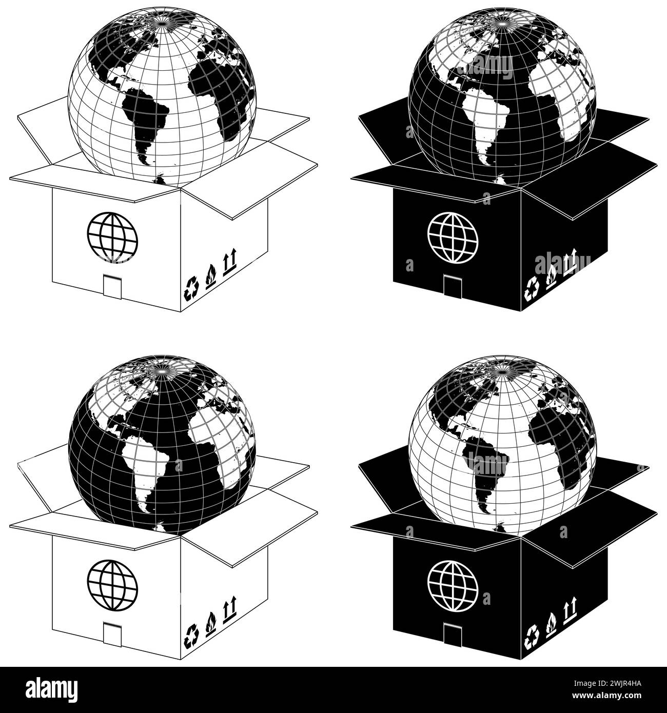 Design vettoriale pianeta terra in uscita da una scatola di cartone, design della scatola di spedizione in tutto il mondo Illustrazione Vettoriale
