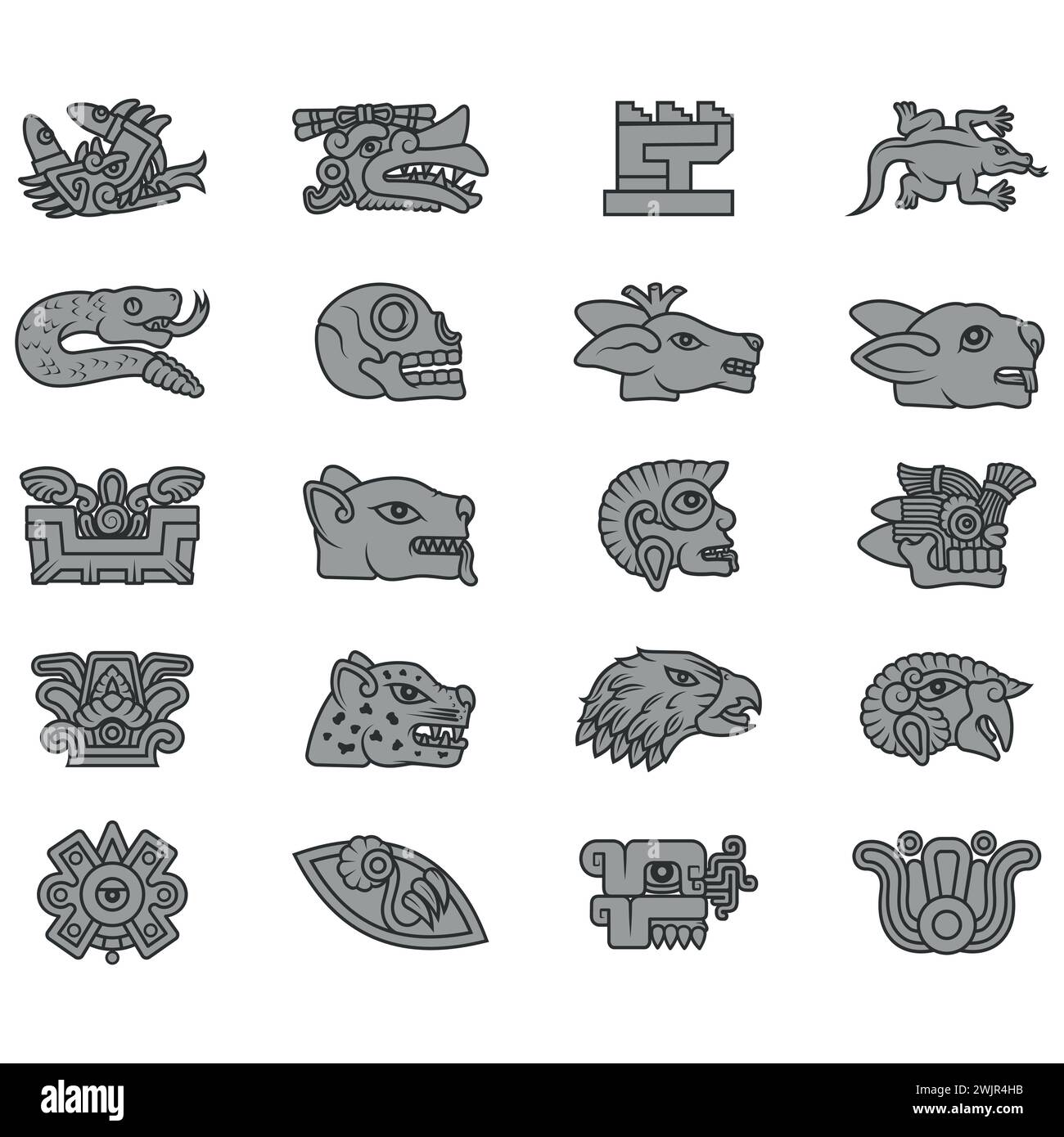 Disegno vettoriale dei simboli dell'antica civiltà azteca, geroglifici del calendario azteco Illustrazione Vettoriale