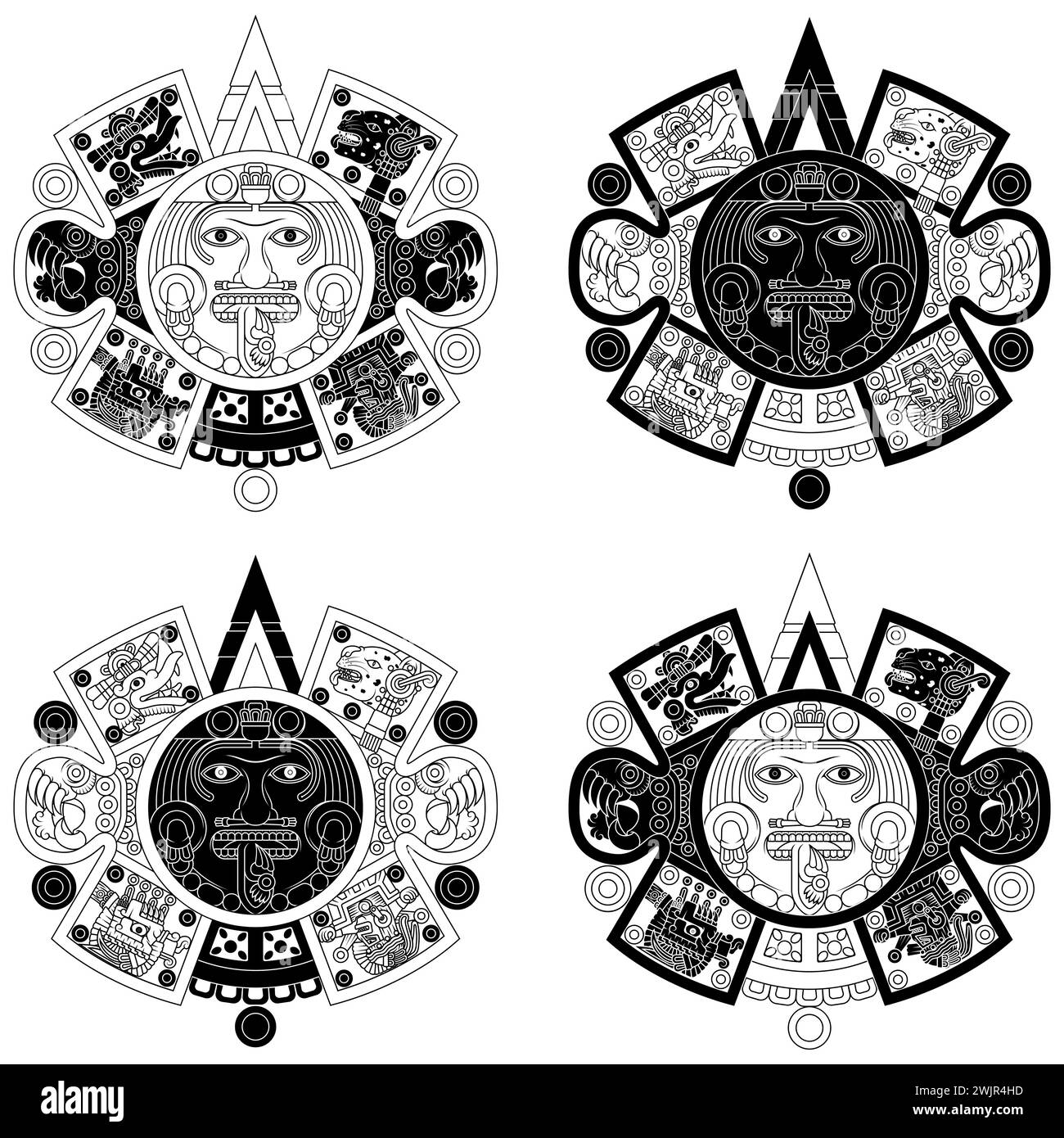 Disegno vettoriale del calendario azteco, disco monolitico dell'antica Mexica, pietra solare della civiltà azteca Illustrazione Vettoriale