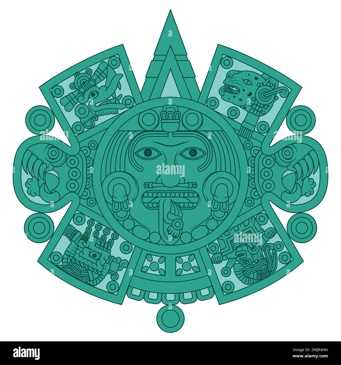 Disegno vettoriale del calendario azteco, disco monolitico dell'antica Mexica, pietra solare della civiltà azteca Illustrazione Vettoriale