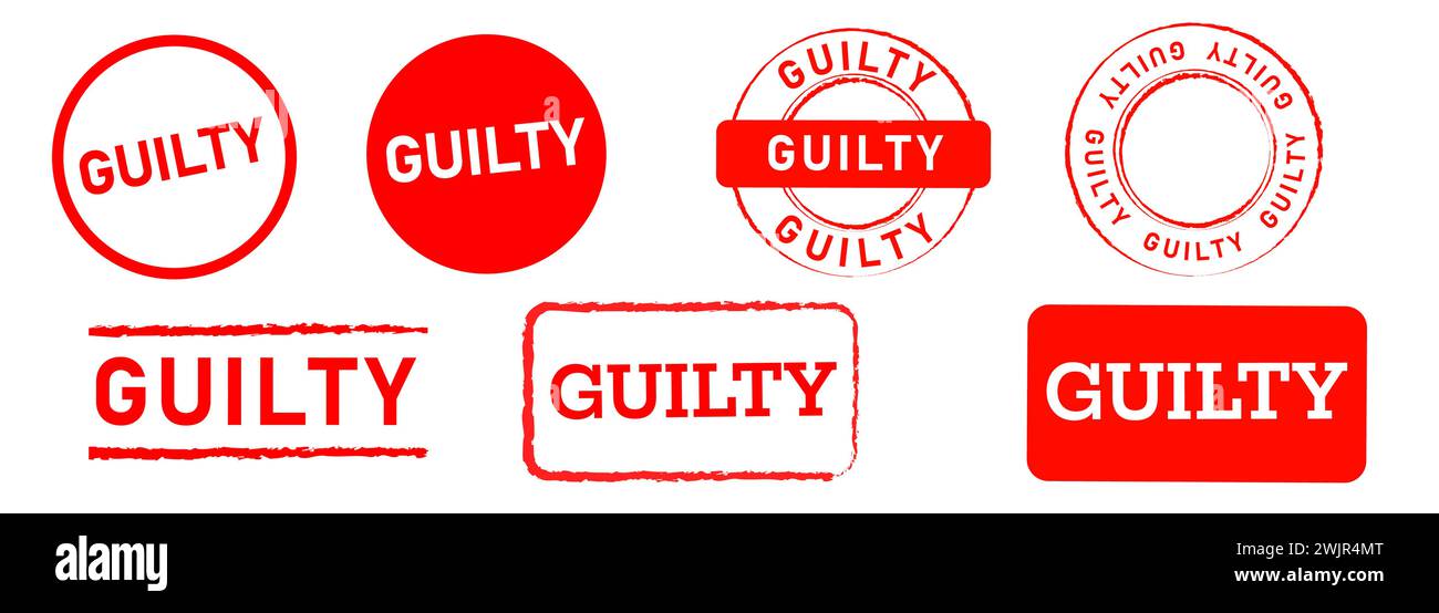 il cerchio colpevole e l'etichetta di gomma rossa quadrata grunge segnalano per la giustizia del crimine di legge Illustrazione Vettoriale