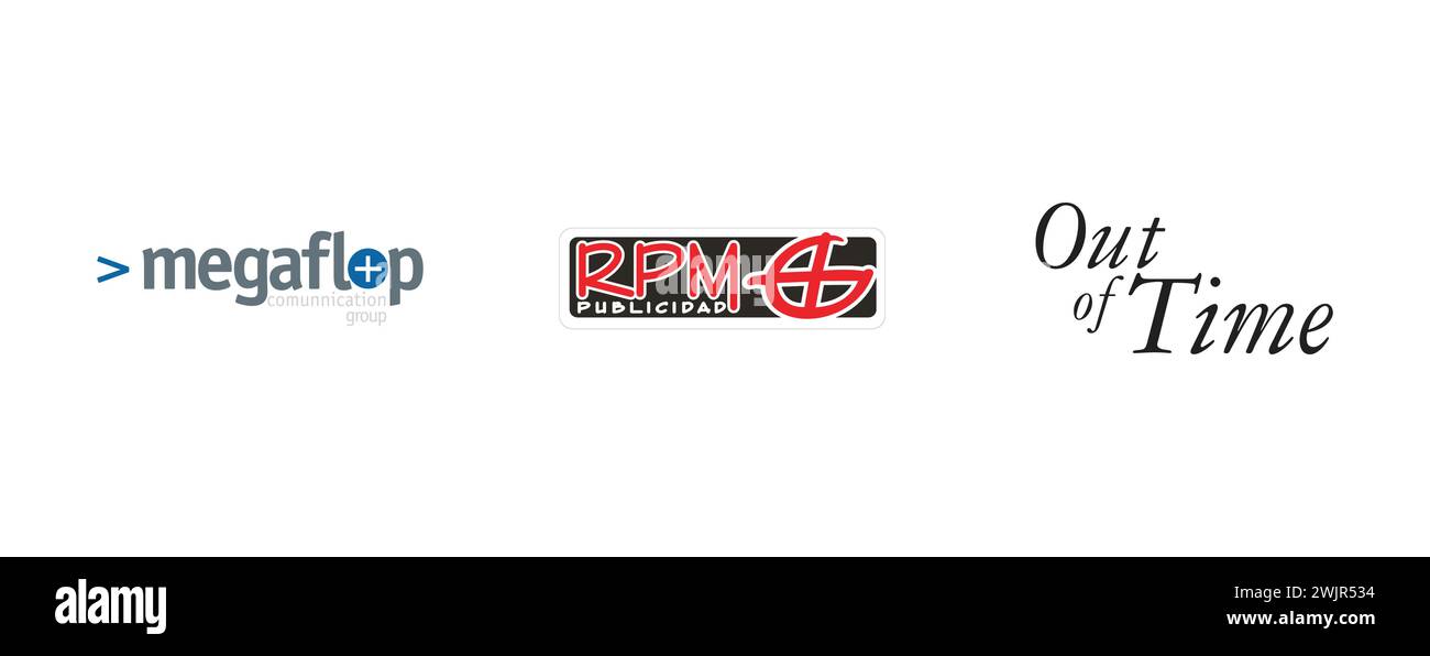 RPM Publicidad, fuori tempo, Megaflop Communication Group. Collezione di loghi editoriali per arti e design. Illustrazione Vettoriale