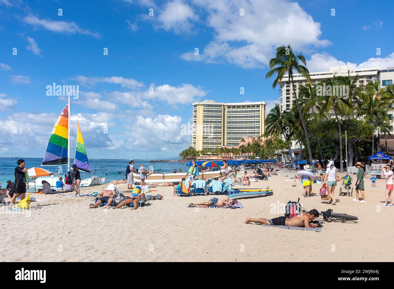 Waikiki Beach, Waikiki, Honolulu, Oahu, Hawaii, Stati Uniti d'America Foto Stock