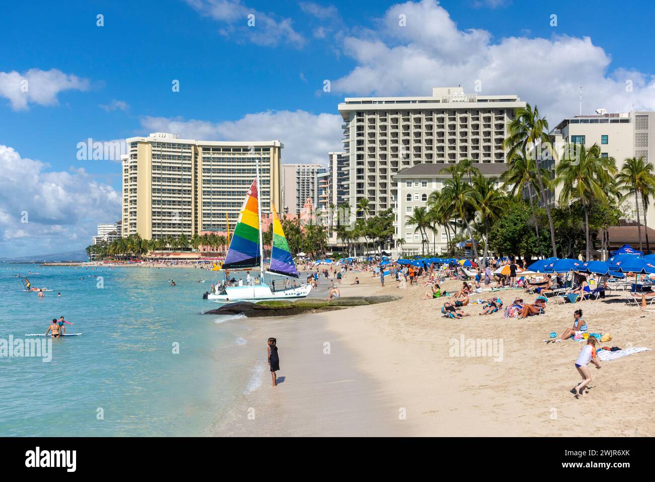 Waikiki Beach, Waikiki, Honolulu, Oahu, Hawaii, Stati Uniti d'America Foto Stock