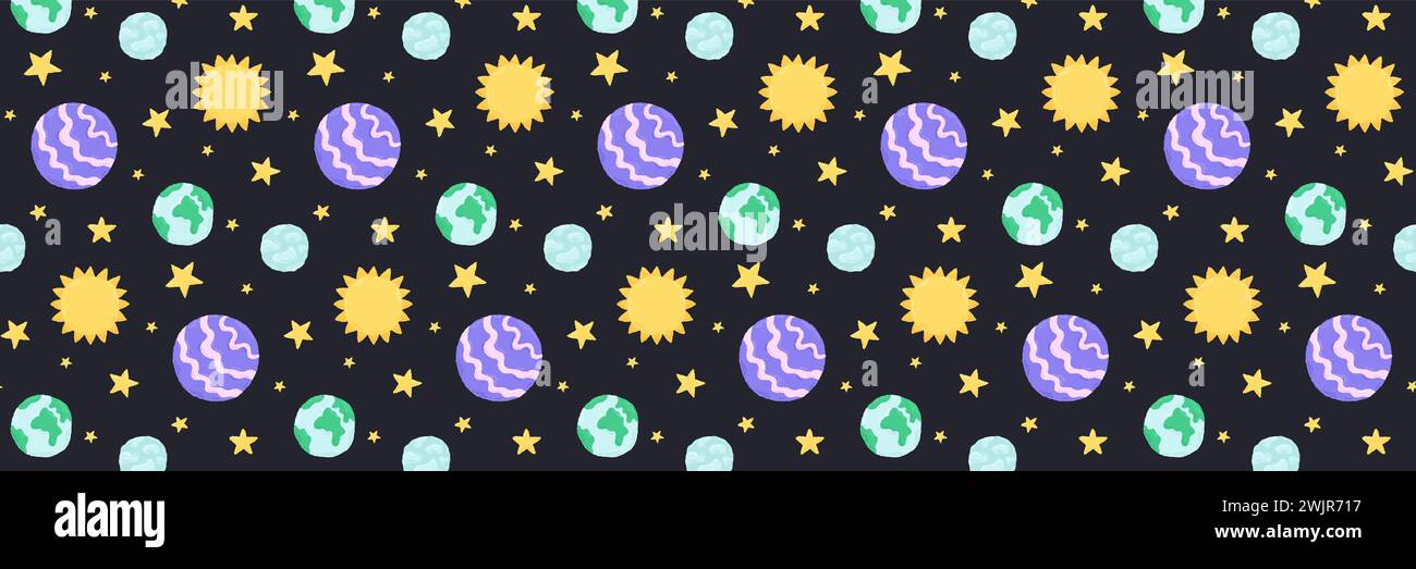 Baby cute motivo senza cuciture con elementi spaziali su sfondo scuro. Stile cartone animato piatto disegnato a mano. Illustrazione vettoriale Illustrazione Vettoriale