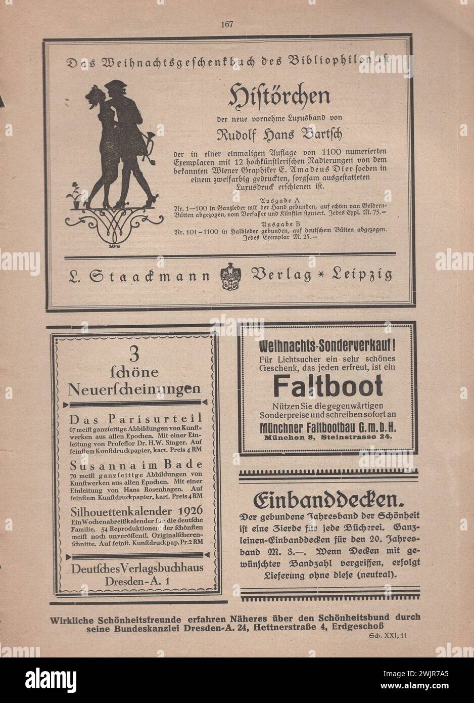 Die Schönheit, Verlag der Schönheit, Dresda anni '1910 - '1920, artista tedesco magazin / deutsches kunstmagazin / pubblicità tedesca degli anni '1910-'1920 / Deutsche Anzeigen / deutsche Werbung / alte deutsche Werbung / rivista d'arte tedesca intitolata The Beauty, pagine pubblicitarie Foto Stock