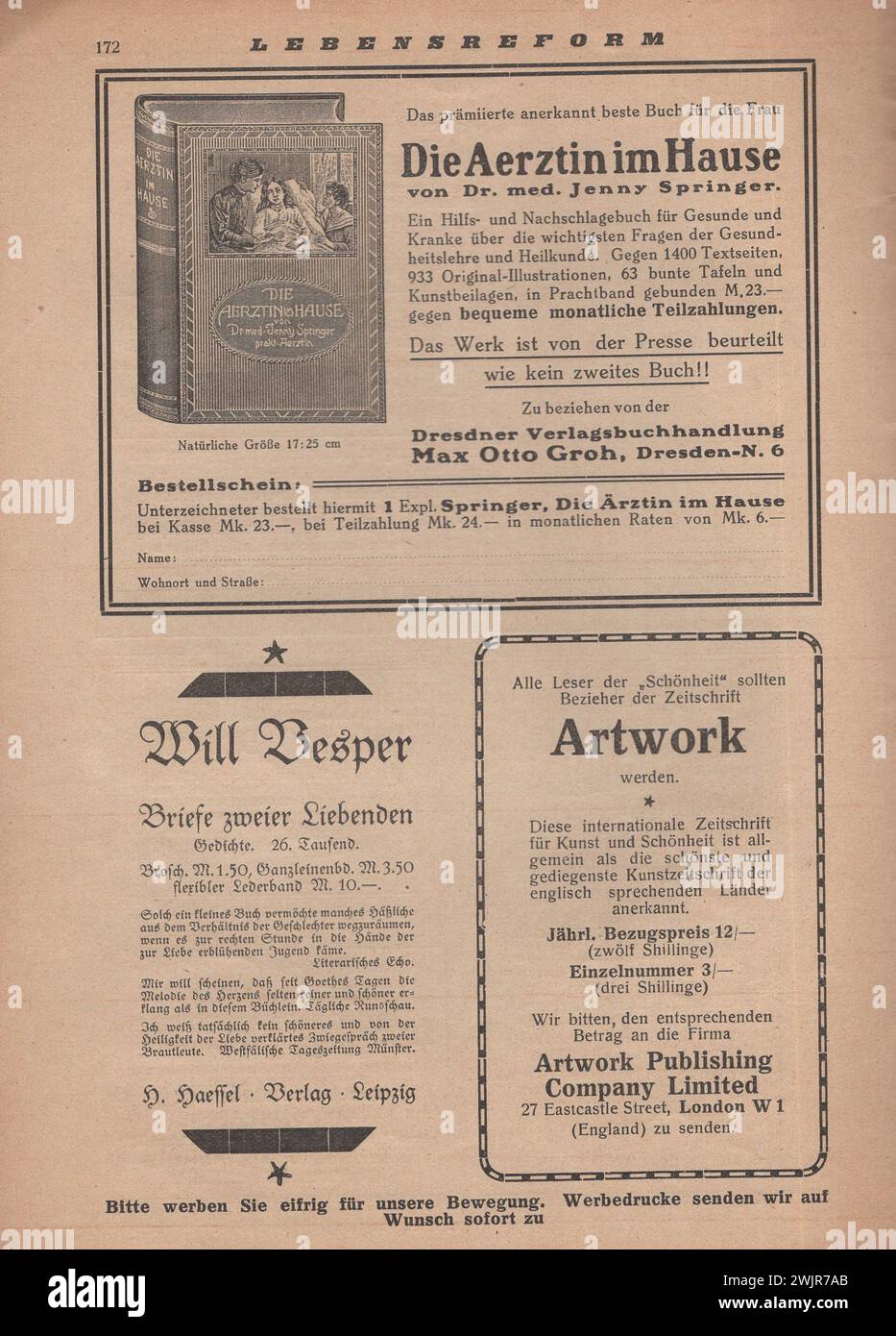 Die Schönheit, Verlag der Schönheit, Dresda anni '1910 - '1920, artista tedesco magazin / deutsches kunstmagazin / pubblicità tedesca degli anni '1910-'1920 / Deutsche Anzeigen / deutsche Werbung / alte deutsche Werbung / rivista d'arte tedesca intitolata The Beauty, pagine pubblicitarie Foto Stock