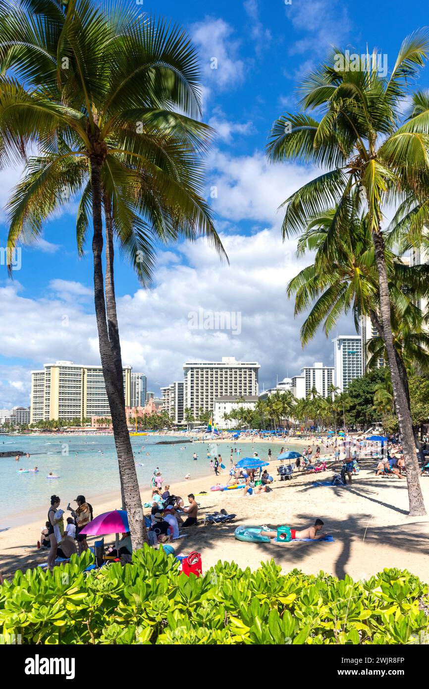 Waikiki Beach, Waikiki, Honolulu, Oahu, Hawaii, Stati Uniti d'America Foto Stock