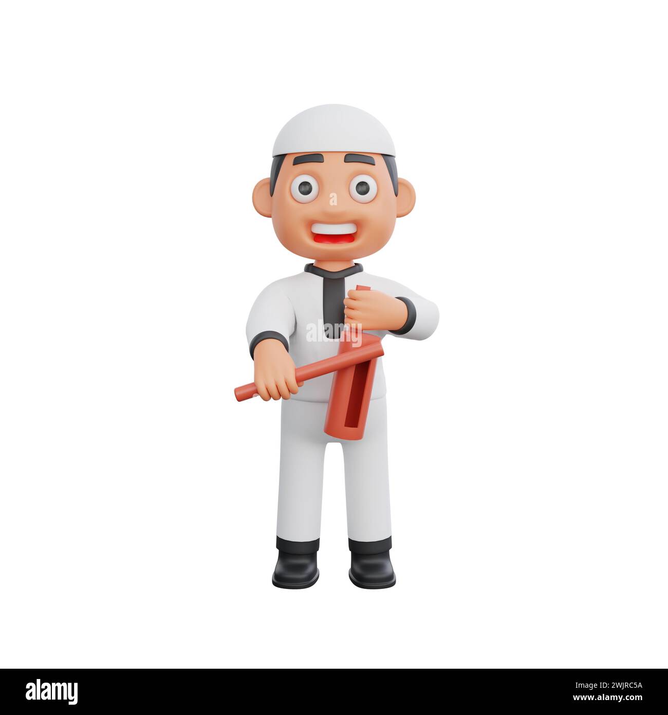 Illustrazione 3D di un ragazzo musulmano che si sveglia per Sahur, utilizzando strumenti tradizionali indonesiani, perfetta per progetti a tema Ramadan kareem Foto Stock