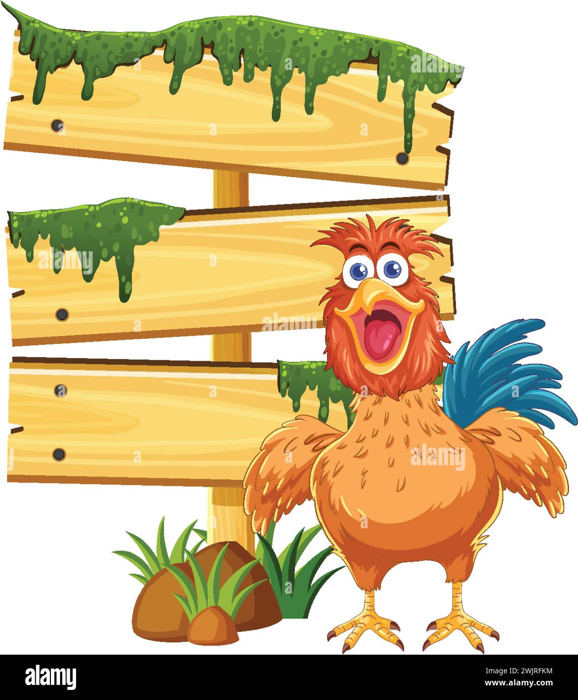 Pollo di cartoni animati in piedi accanto a un cartello di legno mossy. Illustrazione Vettoriale