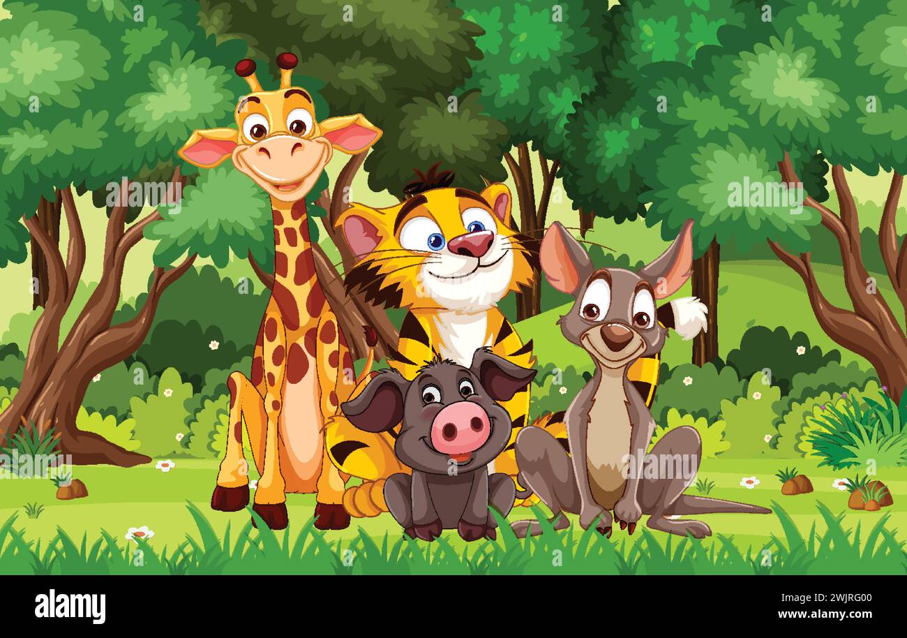 Animali cartoni animati che sorridono insieme in una foresta verde Illustrazione Vettoriale