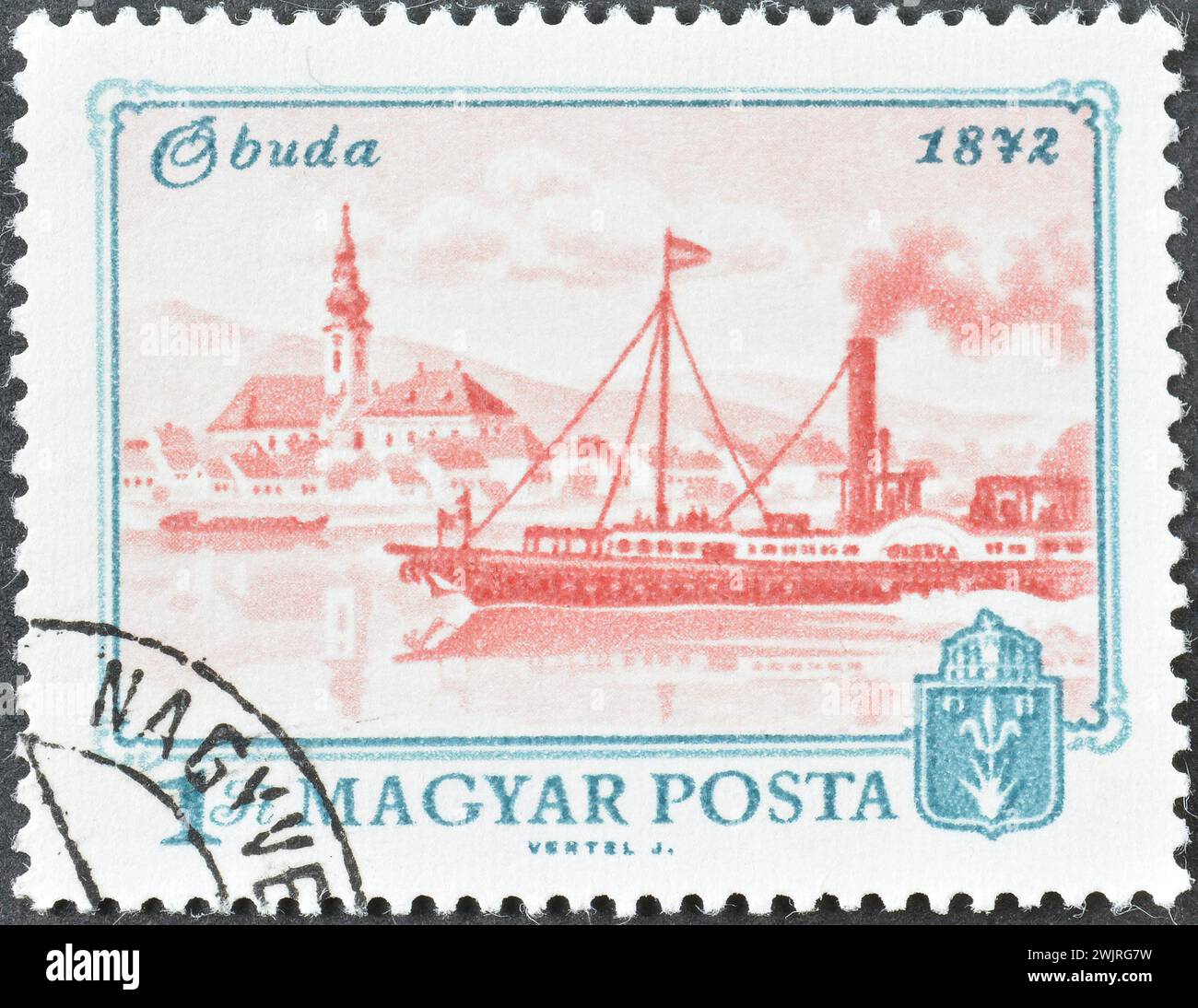 Francobollo cancellato stampato dall'Ungheria, che mostra Vista di Óbuda, 1872, 100th Anniversary Merger of Pest, Buda and Obuda (Budapest), circa 1972. Foto Stock