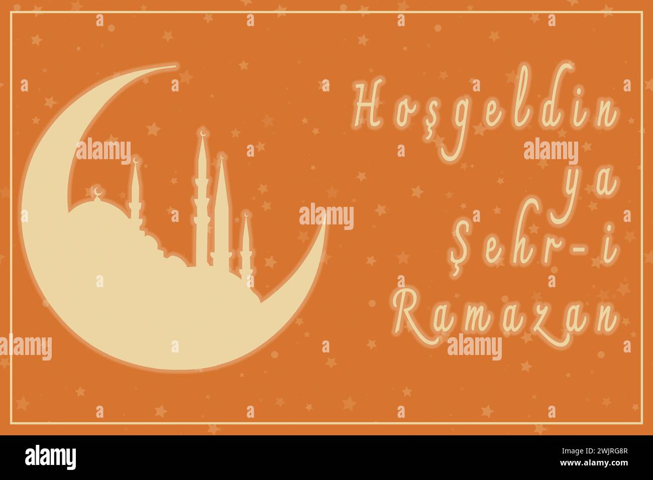 HOS Geldin Ya Sehri Ramazan o Ramadan Kareem. Silhouette della moschea di Istanbul e della luna crescente. Benvenuto nel mese santo del testo del Ramadan. Illustrazione Vettoriale