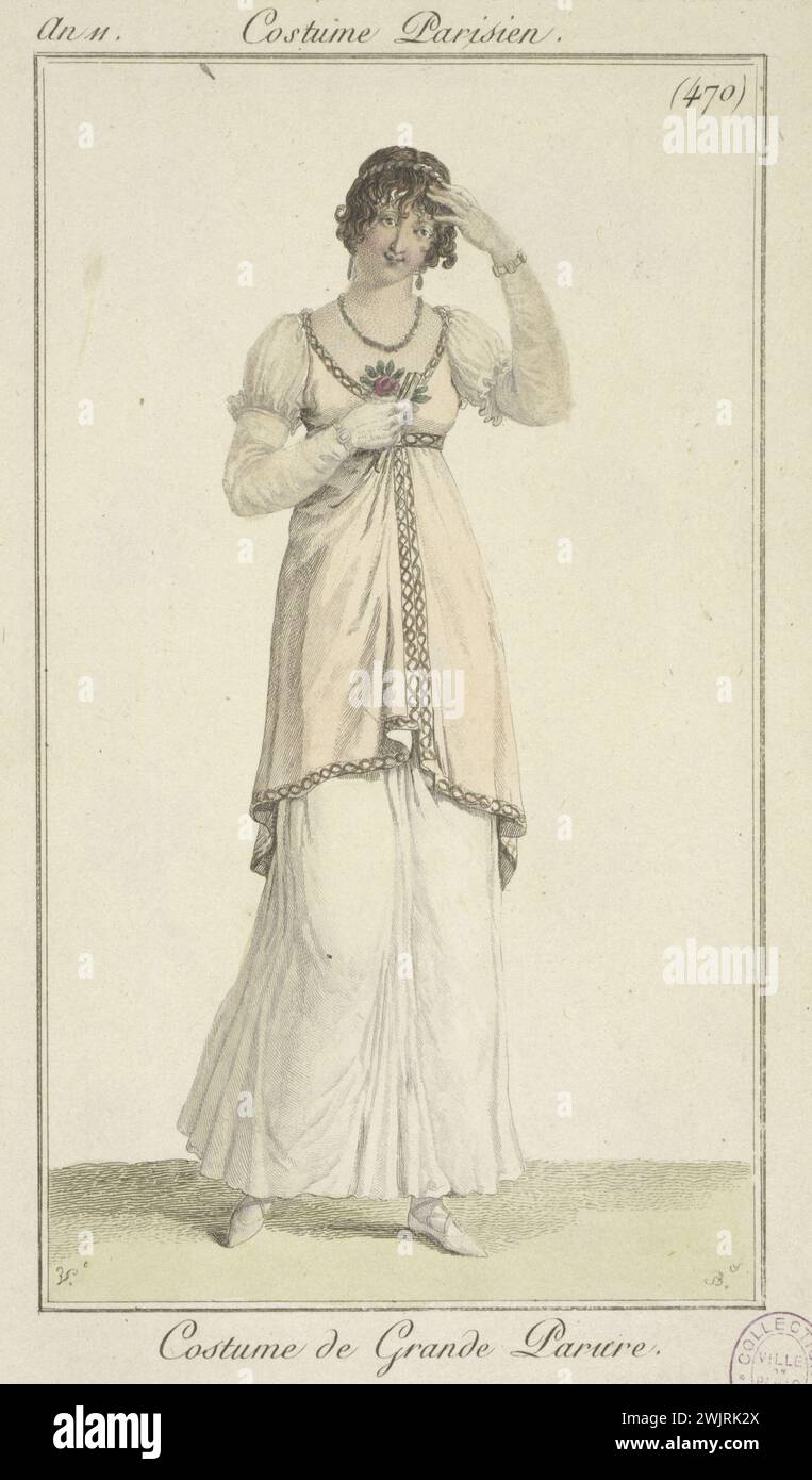Anonymous Journal des Dames et des Modes, An XI, costume parigino, piatto 470: Grande Parure Pierrain Galliera, Museo della moda della città di Parigi. 26002-1 FEMMINILE, HAUTE-COUTURE Foto Stock