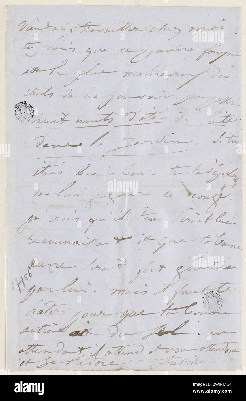 Juliette Drouet a Victor Hugo; 2 agosto lunedì mattina ore 8 [1847]; casa Victor Hugo - lettera autografa di Parigi Foto Stock