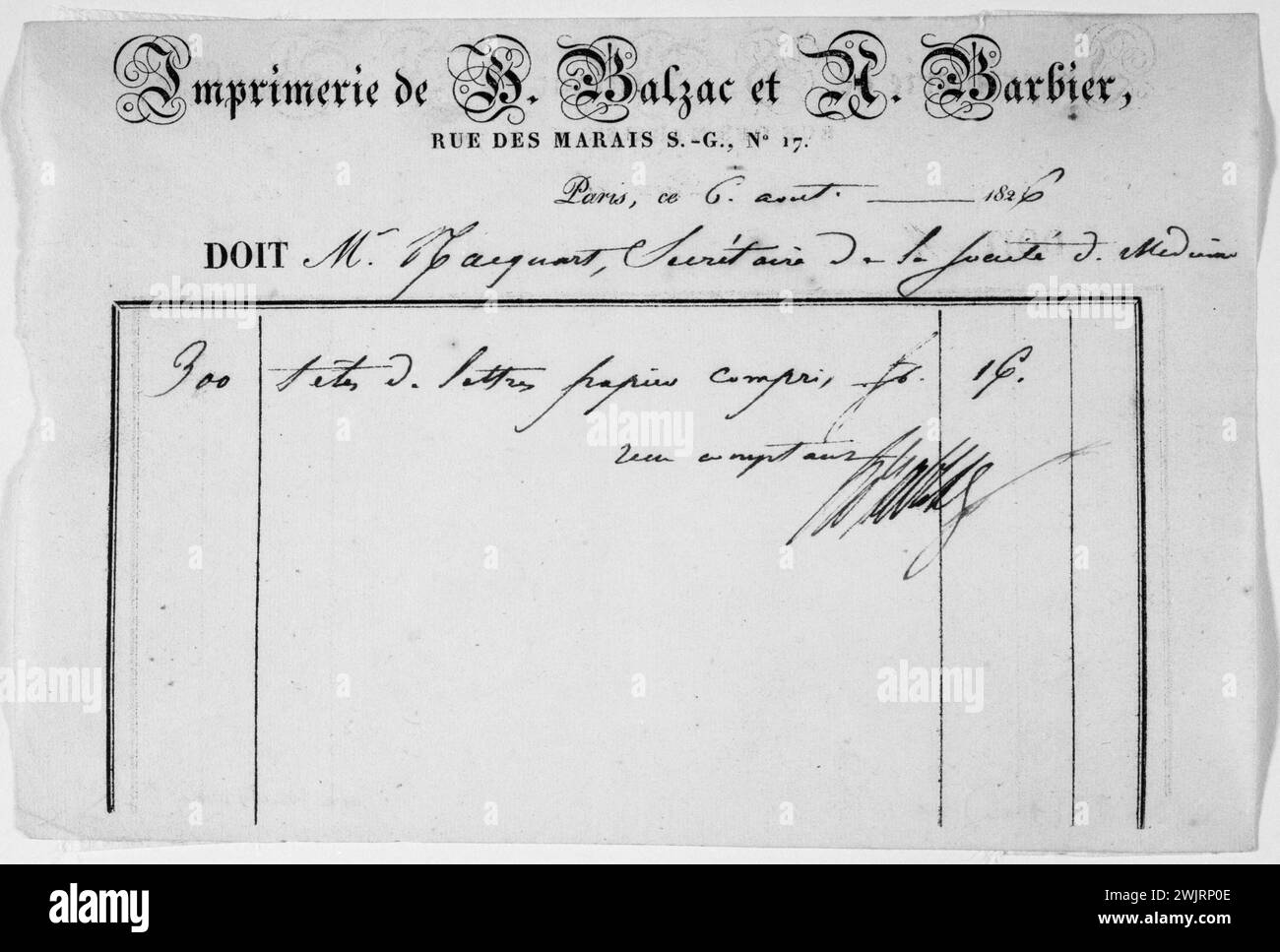 Imprimerie Balzac (1826-1828). Fattura sull'intestazione della stampa Balzac and Barbier e della stampa Barbier, 6 agosto 1826. Manoscritto, 1826. Parigi, Maison de Balzac. 34229-13 Balzac e Barbier, fattura, stamperia, carta in prova Foto Stock