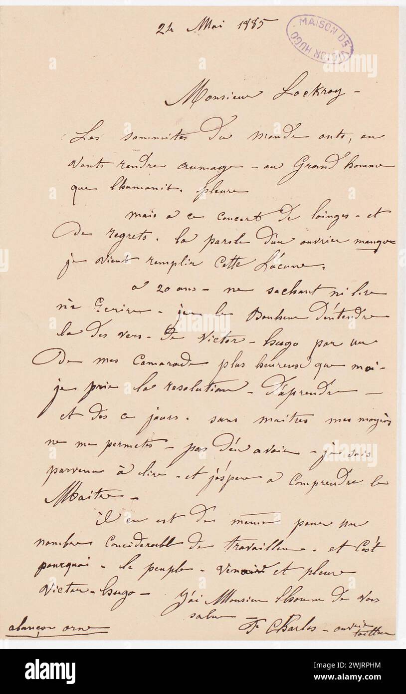 Anonimo, lettera di condoglianze di un ex deportato in nuova Caledonia a Edouard Lockroy (titolo fittizio), 1885-05-24. Casa di Victor Hugo - Casa di Hauteville. Foto Stock