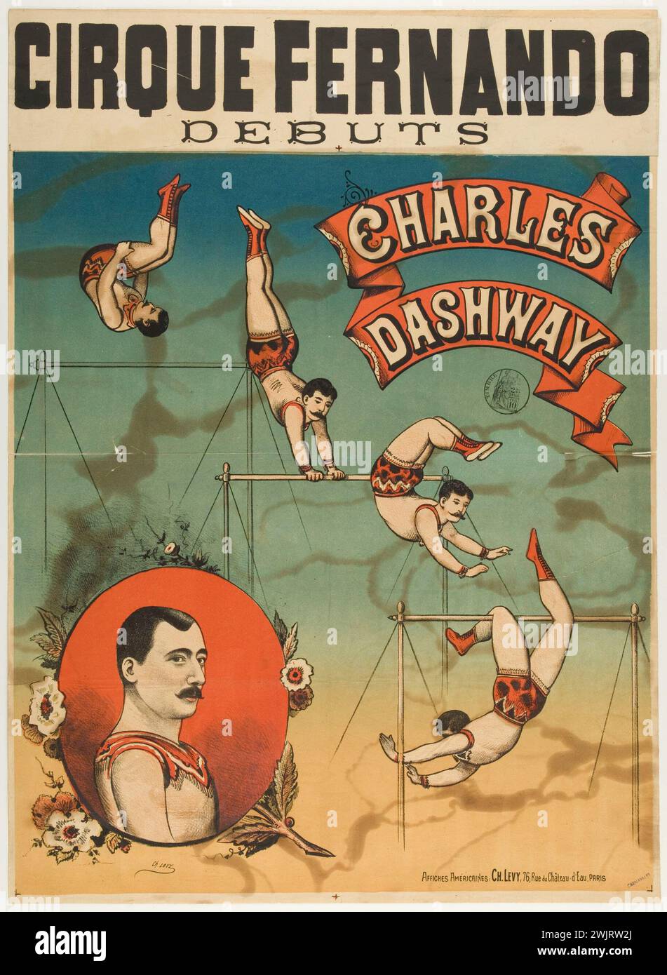 Charles Lévy. Cirque Fernando, Charles Dashway. Poster, litografia a colori. Parigi, museo Carnavalet. Acrobata, poster, circo Fernando, ginnasta, litografia a colori, programma, rue des Martyrs, spettacolo, 18° 18° 18° 18° arrondissement Foto Stock