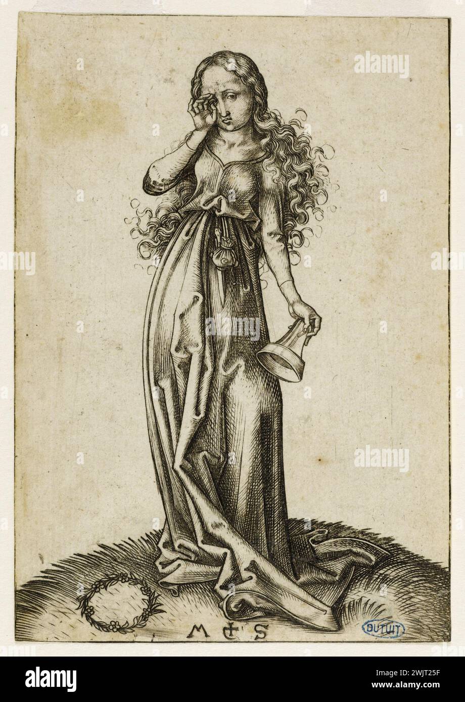 Martin Schonguer (circa 1450-1495). Le vergini pazze: Terza vergine pazza (Bartsch 84). Incisione (scalpello), 1480-1485. Museo delle Belle Arti della città di Parigi, Petit Palais. 76855-18 Arte medievale, Cristianesimo, Vangelo secondo Matteo, donna, incisione con scalpello, iconografia cristiana, iconografia religiosa, lampada, media età, nuovo Testamento, carattere biblico, rovesciamento, pazzo pazzo, XV XV XV XV XV XV secolo, incisione, incisione Foto Stock