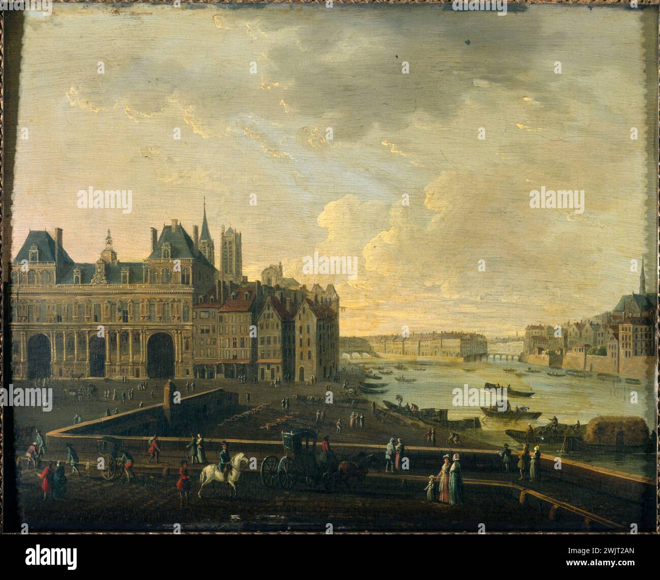 Place de Grève, il municipio, Île Saint-Louis e la città intorno al 1780. Olio di legno. Parigi, museo Carnavalet. Arrondissement IVEME IV 4th 4, CITE, Senna, Town Hotel, Wood Oil, Ile Saint-Louis, Place de Greve, Panorama, Quai, Scene Rue Foto Stock