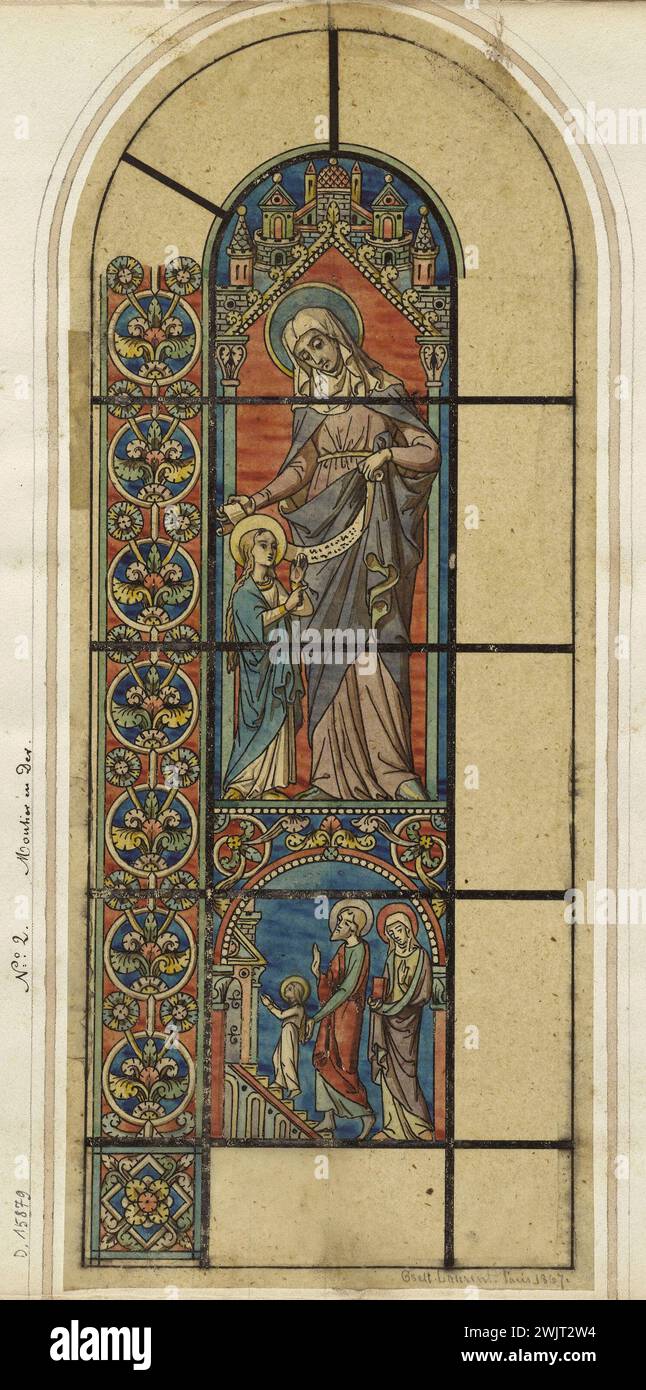 Officina GSELL-Laurent. Album n ° 1. Progetto in vetro colorato per Montier-en-Der: Educazione della Vergine e presentazione della Vergine al tempio. Inchiostro e acquerello su carta a strati. Parigi, museo Carnavalet. 37111-2 cattolici, cristiani, cristiani, disegni, bambini, famiglia, madre, nuovo Testamento, carta giocosa, padre, presentazione nel Tempio, progetto, scena religiosa, Vergine, vetro, acquerello, Tempio Foto Stock