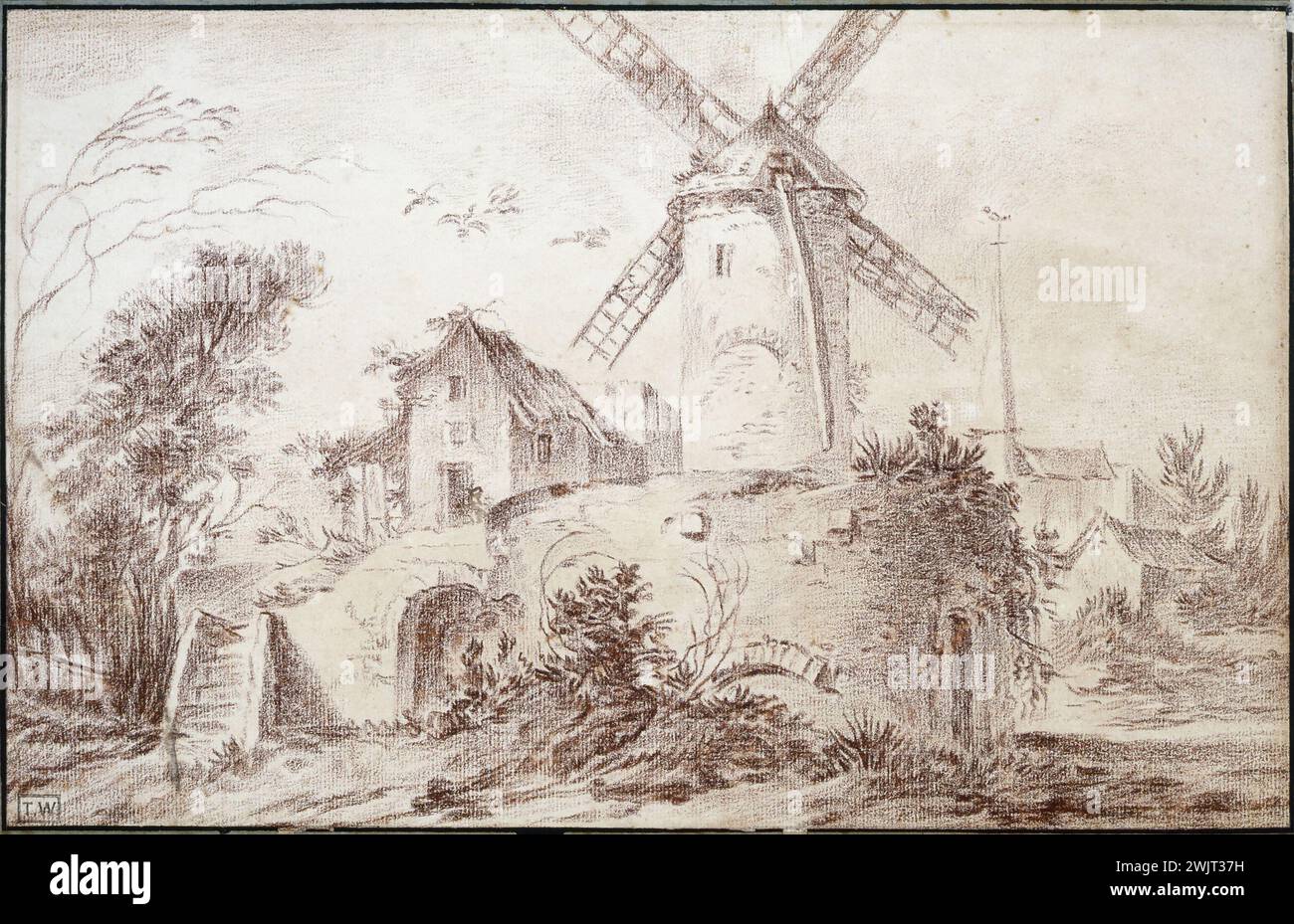 Jean-Baptiste-Marie Pierre (1714-1789). "Il mulino a vento vicino al villaggio", intorno al 1754. Sanguina sulla carta. Parigi, museo Cognacq-Jay. 25930-11 disegno, mulino a vento, sangue su carta, villaggio Foto Stock