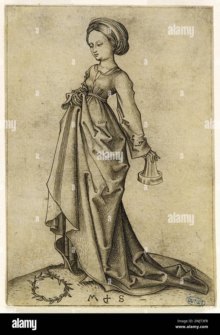Martin Schonguer (circa 1450-1495). Les Vierges Folles: Seconda vergine pazza (Bartsch 83). Incisione (scalpello), 1480-1485. Museo delle Belle Arti della città di Parigi, Petit Palais. 76855-17 Arte medievale, Cristianesimo, Vangelo secondo Matteo, donna, incisione con scalpello, iconografia cristiana, iconografia religiosa, lampada, media età, nuovo Testamento, carattere biblico, rovesciamento, pazzo pazzo, XV XV XV XV XV XV secolo, incisione, incisione Foto Stock