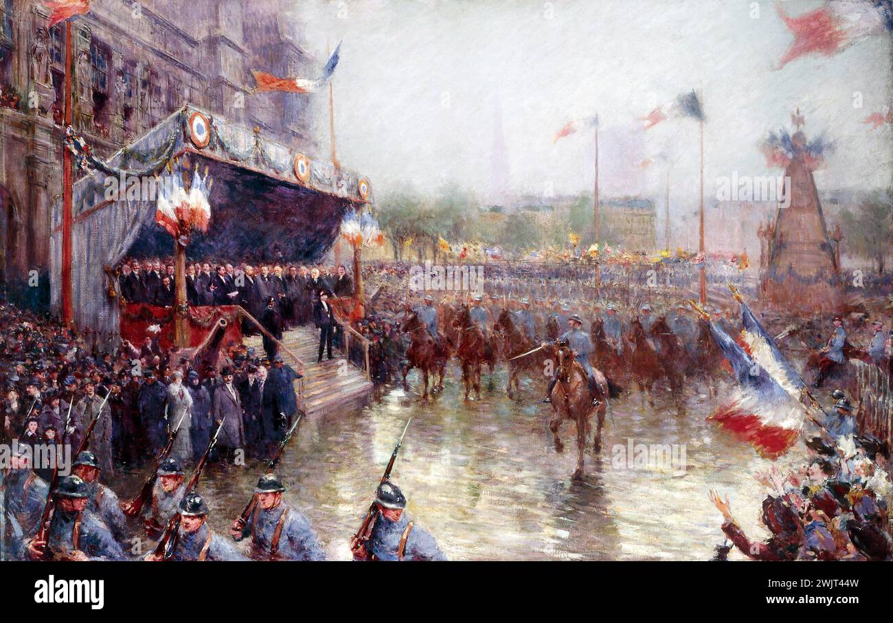 Claude Charles Bourgonnier (v.1860-1921). La piazza del municipio il 20 ottobre 1918. Dimostrazione in onore della classe". Olio su tela, 1920. Parigi, museo Carnavalet. 27098-18 esercito francese, cavalleria, cavaliere, cerimonia ufficiale, bandiera francese, grande Guerra, Guerra 14-18, Guerra 1914-1918, Hotel de Ville de Paris, IVEME IV IV IV IV IV 4° 4° arrondissement, municipio, dimostrazione, militare, prima guerra mondiale, soldato, soldato francese, tribuno ufficiale, olio su tela Foto Stock