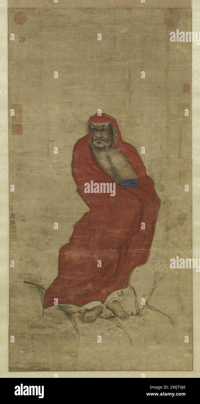 Yan Hui (attivo alla fine del XIII secolo, all'inizio del XIV secolo). "Bodhidharma crossing Yangzi". Inchiostro e colori sulla seta. Parigi, museo Cernuschi. 38965-7 Bodhidharma, colore, dinastia yuan, inchiostro, onde, uomo, pittore attivo, seta, incrocio, attraversamento, yangzi Foto Stock