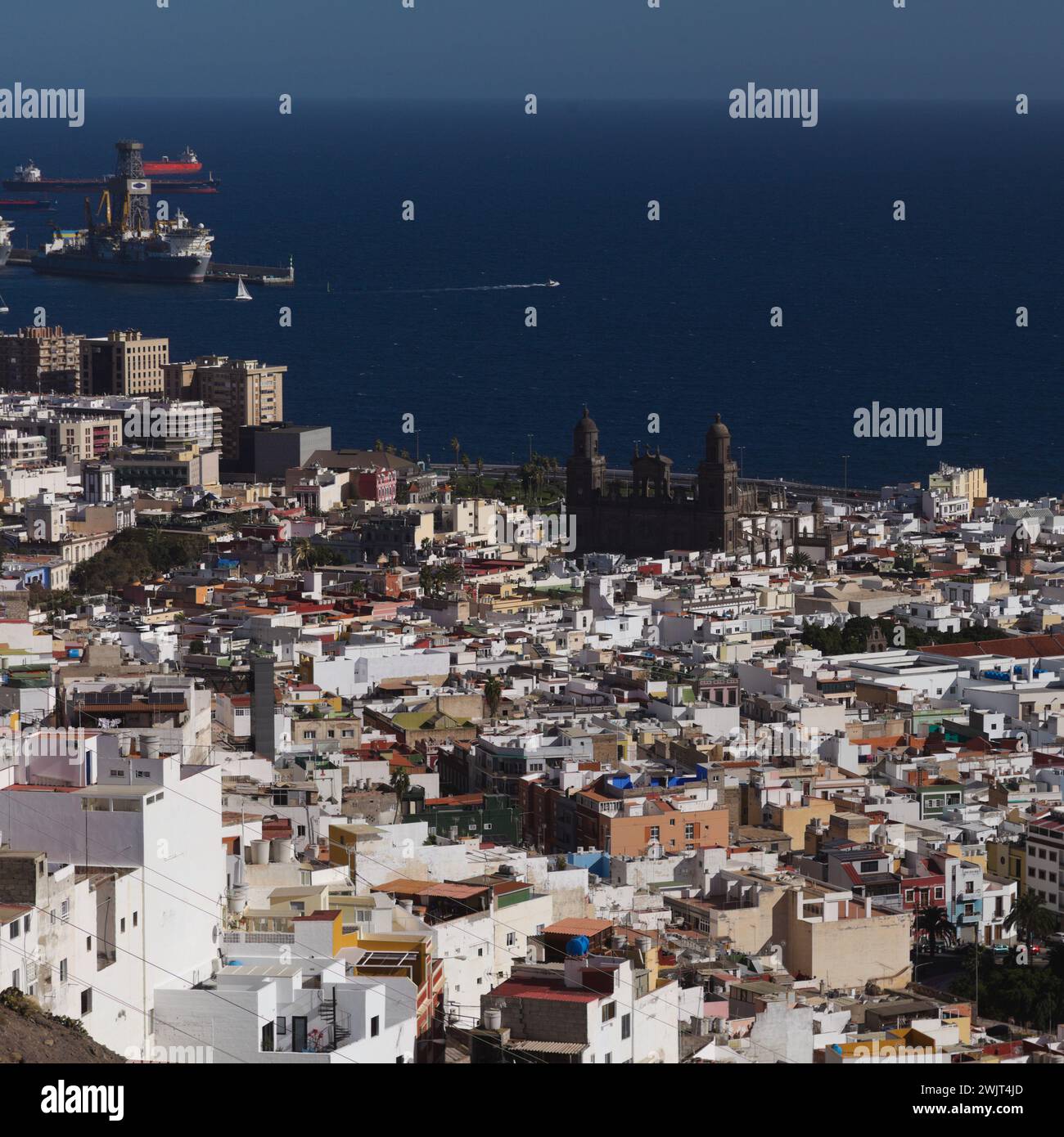 Vista aerea della parte più antica di Las Palmas de Gran Canaria presa dal quartiere collinare di San Juan Foto Stock