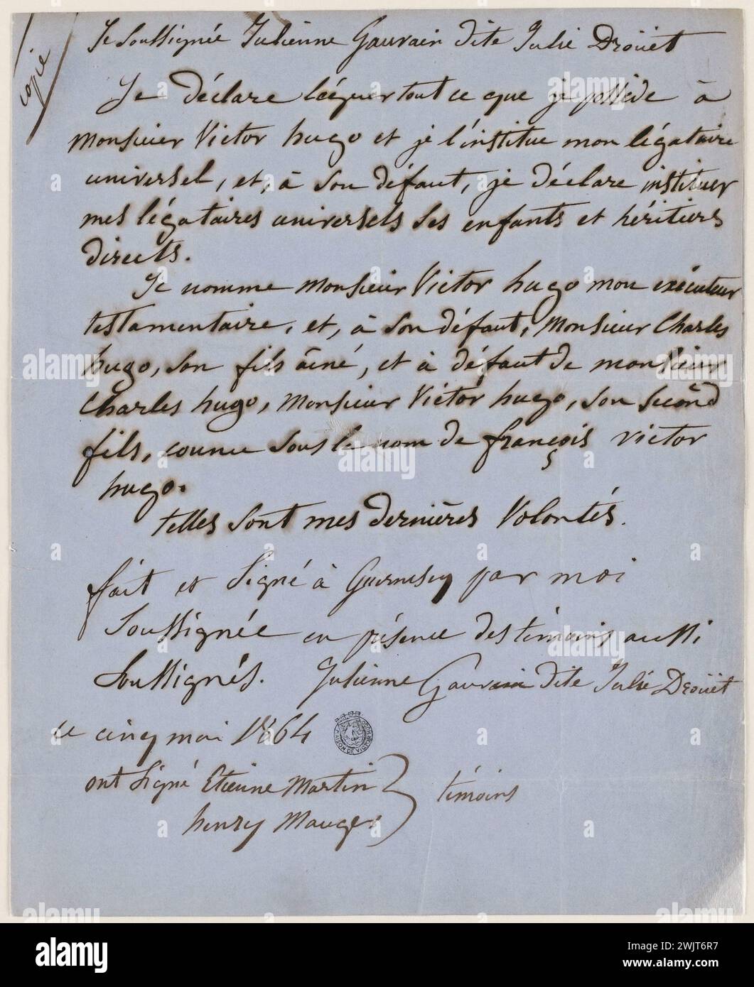 Juliette Drouet Copia del testamento; 5 maggio [1864]; casa Victor Hugo - lettera autografa di Parigi Foto Stock