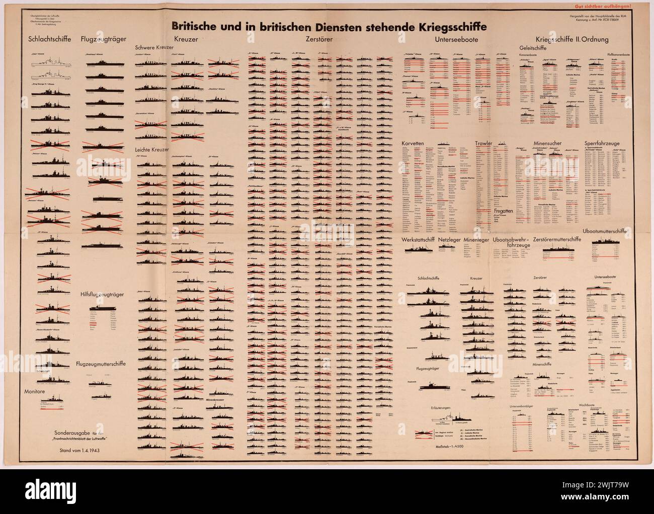 Reich Aviation Ministry (RLM), British and British Services Warships-Edizione speciale per la Luftwaffe (Navires de Guerre Britanniques) (titolo Attribué), 1943-04-01. Imprimé di carta. Musée du Général Leclerc de la Libération de Paris - Musée Jean Moulin. Foto Stock