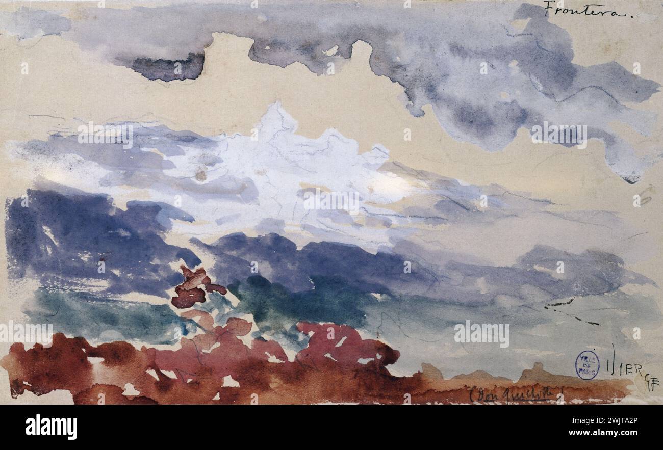 Daniel Virgin (Urratieta Ortiz, dit, 1851-1904). "Sulle orme di Don Chisciotte: Frontera". Acquerello, 1904. Museo delle Belle Arti della città di Parigi, Petit Palais. 33900-19 Spagna Francia, confine, paesaggio, carattere, romanzo, acquerello Foto Stock
