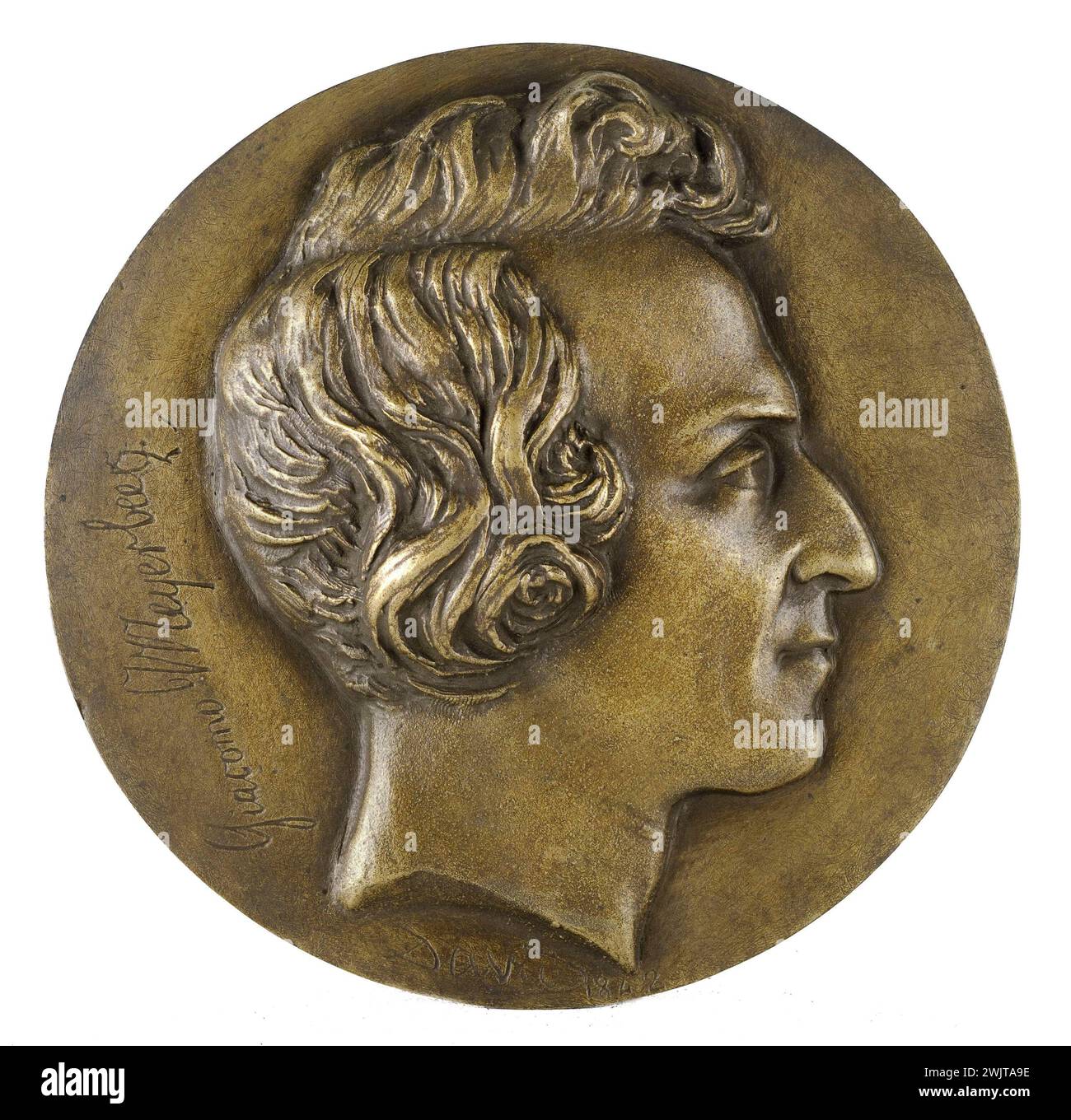 David d'Angers (1788-1856). Ritratto di Giacomo Meryerbeer (1791-1869), compositore tedesco. Bronzo. Calotta di sabbia. 1842 Parigi, museo Carnavalet. 60829-16 Bronze, compositore tedesco, Sand cast, medaglia, profilo, verticale Foto Stock