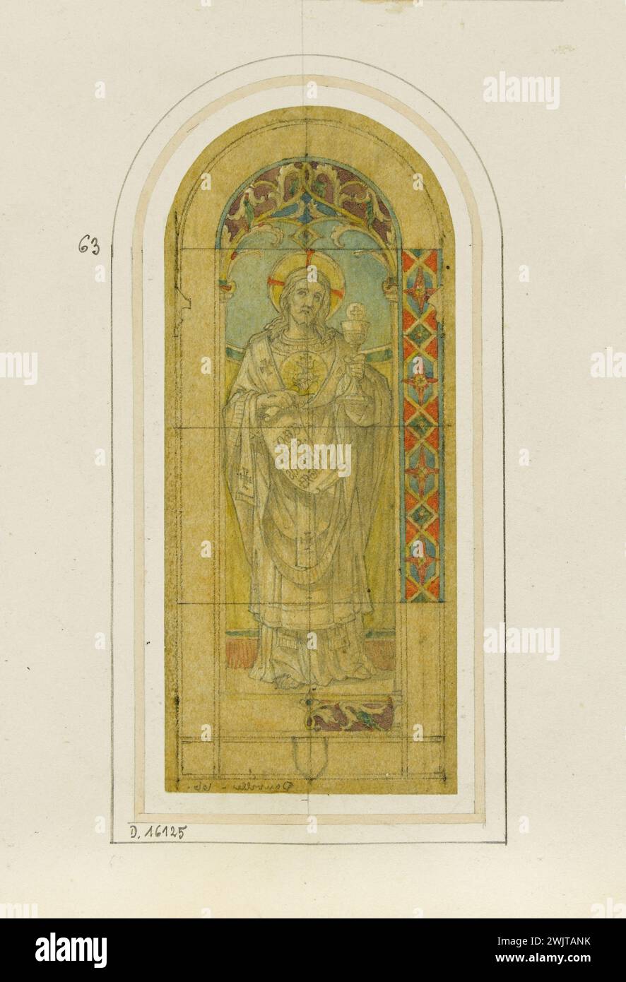 Officina GSELL-Laurent. Album n° 3; progetto vetrate per Sainte-Marie to Py: Figura di Cristo. Matita, acquerello. Parigi, museo Carnavalet. Album n ° 3, cattolico, cristiano, matita, Cristo, Church Sainte-Marie, Son God, Figure, Project, Vitrail, acquerello Foto Stock