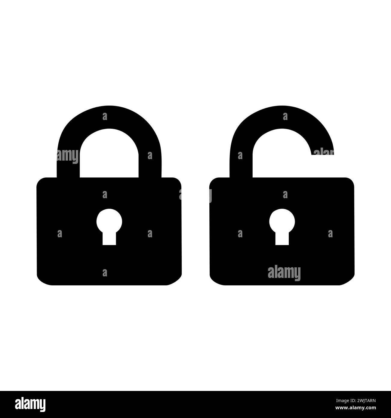 Icona a forma di lucchetto in un elegante stile piatto isolato. Simbolo di sicurezza per la progettazione del sito Web. Illustrazione vettoriale. Icona nera isolata della posizione bloccata e sbloccata Illustrazione Vettoriale