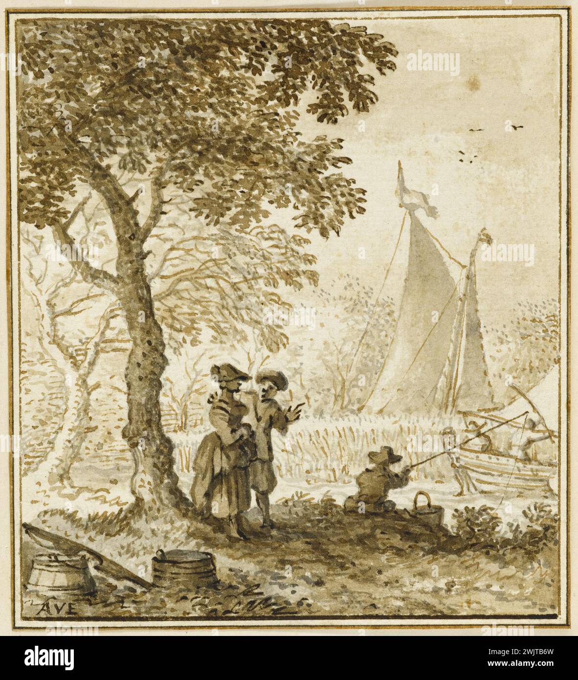 Allart van Everdingen (1621-1675). Maggio. Disegnare nel lavaggio del bistro e dell'inchiostro dalla Cina, su schizzo con pietra nera. Museo delle Belle Arti della città di Parigi, Petit Palais. 76856-25 Boat, Ink of China, sketch, wash of bistre, maggio, mese, pietra nera, primavera, barca a vela, XVII XVII XVII XVII XVII XVII XVII XVII XVII XVII secolo Foto Stock