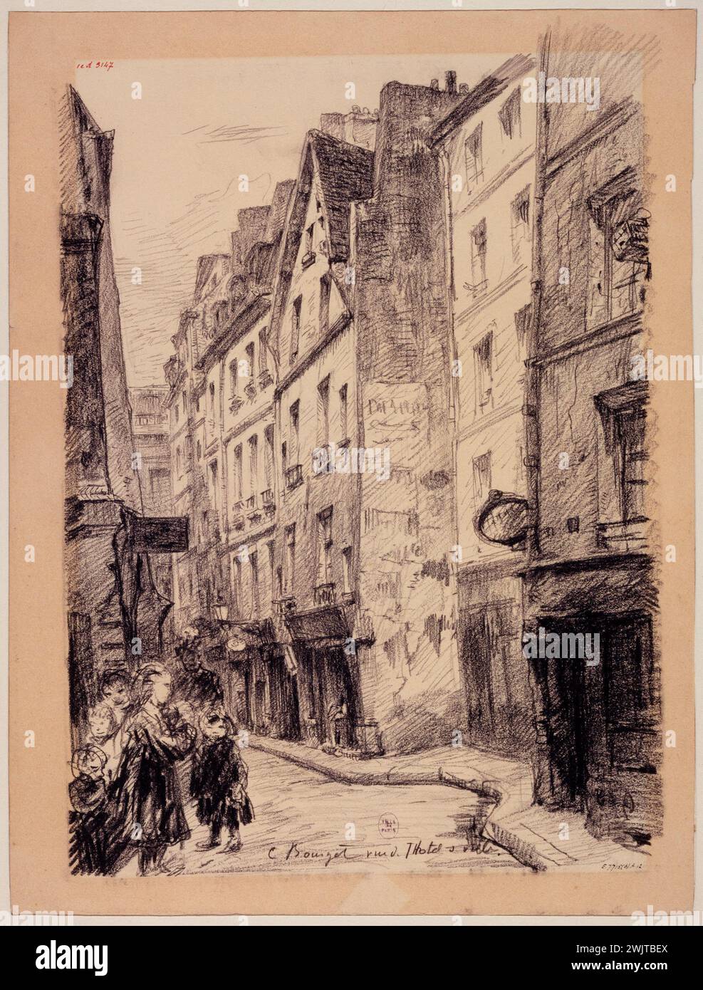 Camille Bourget. Rue de l'Hotel de Ville. Parigi (IV arr.), 1801-1900. Matita su carta crema. Parigi, museo Carnavalet. 77657-15 Arrondissement, matita, disegno, marca, gruppo di bambini, edificio, 4° 4° 4° 4° 4°, quartiere parigino, rue Hotel de Ville Foto Stock