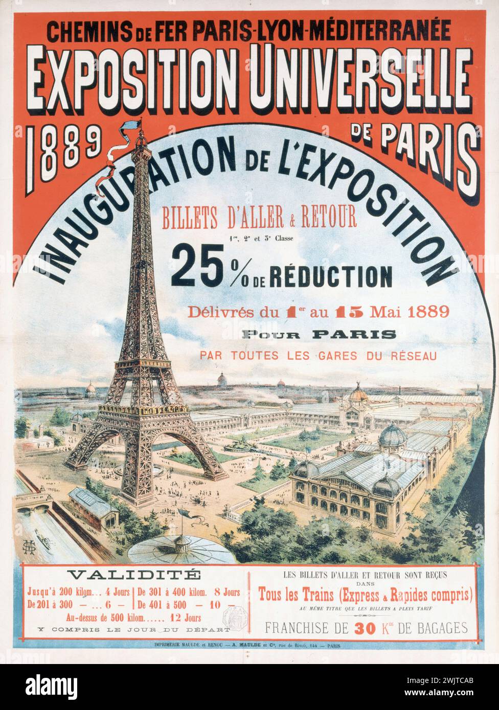 Inaugurazione dell'esposizione universale del 1889. Ferrovia Parigi-Lione-Méditerranée. Parigi, museo Carnavalet. 25256-1 Champ-de-Mars, ferrovia, esposizione universale, inaugurazione, linea ferroviaria, Parigi-Lione-Mediterranee, promozione, promozionale, pubblicità, riduzione, Torre Eiffel, treno, VII 7° 7° arrondissement, trasporto Foto Stock