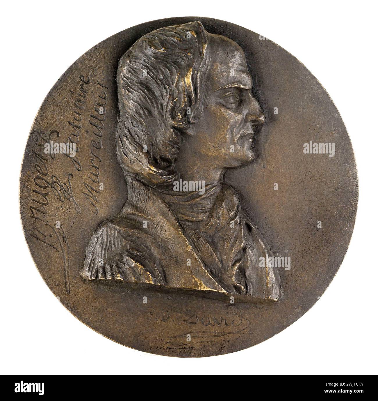 David d'Angers (1788-1856). Ritratto di Pierre Puget (1622-1694), pittore, scultore e architetto. Bronzo. Calotta di sabbia. Parigi, museo Carnavalet. 60831-3 Bronzo, ghisa sabbiosa, medaglia, profilo, ritratto, scultore francese Foto Stock