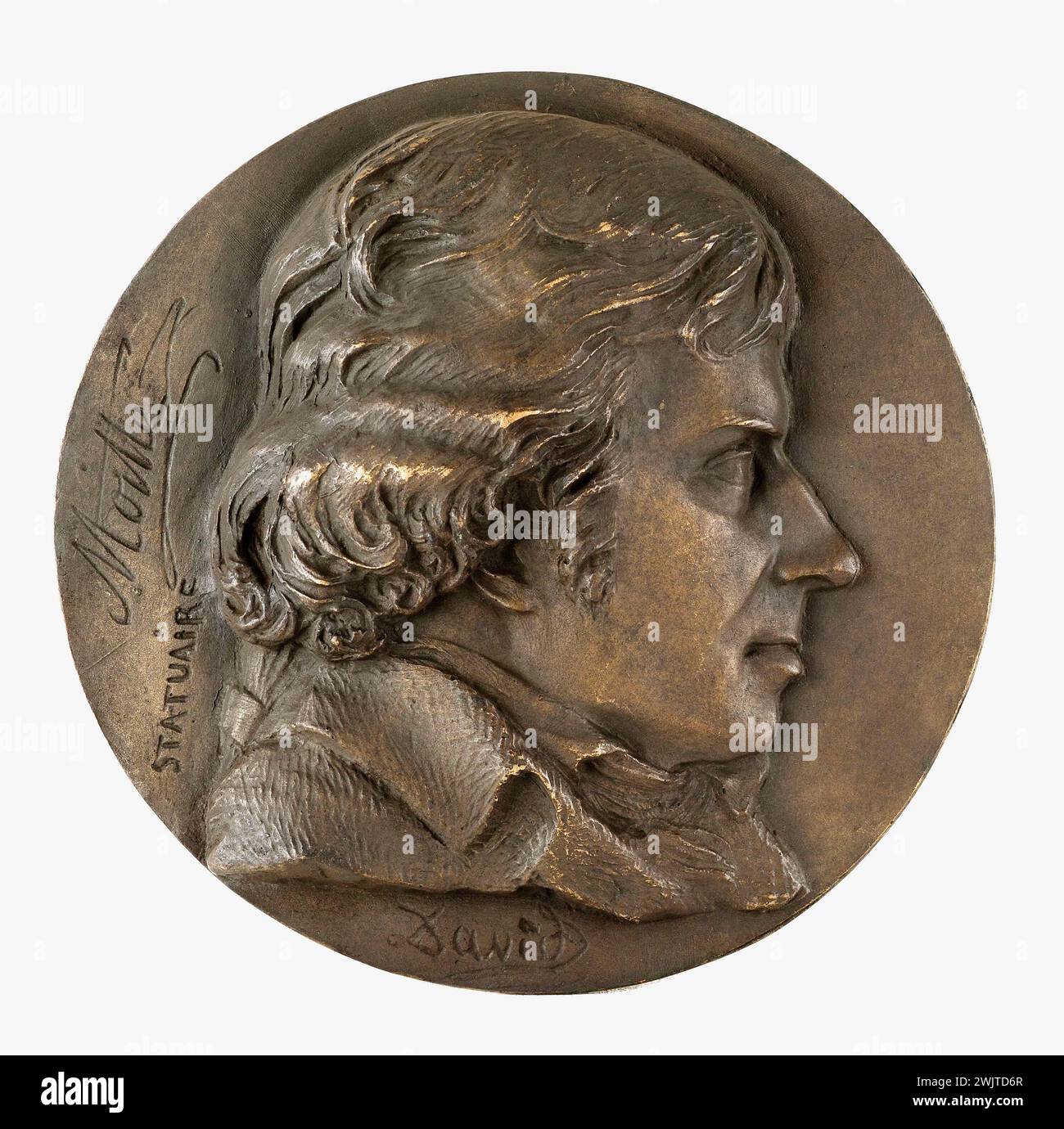 David d'Angers (1788-1856). Ritratto di Jean-Guillaume Moitte (1746-1810), scultore. Bronzo. Calotta di sabbia. Parigi, museo Carnavalet. 60830-4 Bronzo, medaglia, profilo, ritratto, scultore francese Foto Stock