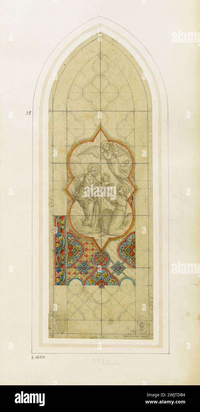 Officina GSELL-Laurent. Album n° 3; progetto Vitrail per Barone Silvestre la Vergine e San Francesco, ornamenti. Matita, pietra nera, acquerello. Parigi, museo Carnavalet. Album n. 3, barone, matita, bambino, ornamento, pietra nera, progetto, santo, vergine, vetro colorato, acquerello Foto Stock