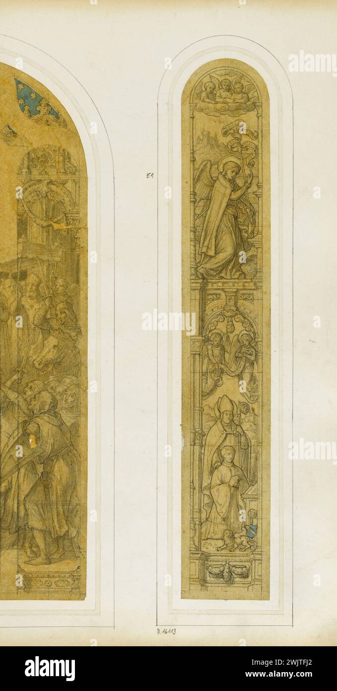 Officina GSELL-Laurent. Album n° 3; progetto vetrate per altro: Angelo dell'Annunciazione, personaggio di preghiera presentato da un santo vescovo. Matita, pietra nera, lavaggio blu. Parigi, museo Carnavalet. Angelo, Annunciazione, Cattolico, Chretiano, Cristiano Chretiano, Penon, Blue Lavis, Joyeux Mystery, nuovo Testamento, personaggio, Black Pierre, presentazione, presentazione, progetto, Priere, Saint Eveque, scena biblica, vetrate colorate Foto Stock