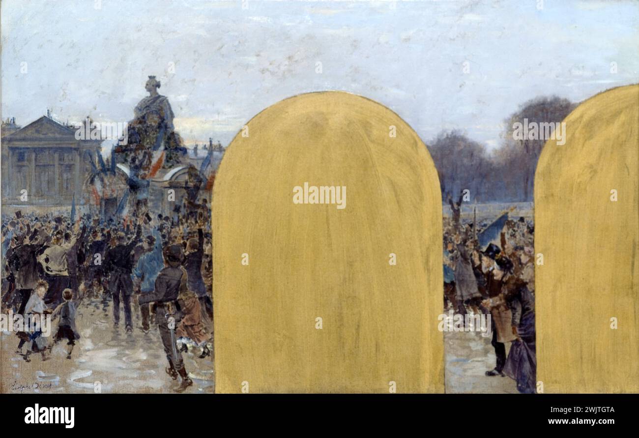 Adolphe Binet (1854-1897). "Sede centrale di Parigi - di fronte alla statua di Strasburgo, schizzo per il municipio (ufficio del prefetto)", 1889. Museo di Belle Arti della città di Parigi, Petit Palais. Arrondissement VIIIEME VIII 8EME 8, armadio Prefect, bandiera tricolore, schizzo, folla, guerra 1870-1871, municipio, liesse, Place de la Concorde, assedio di Ville, città statua strasburgo Foto Stock