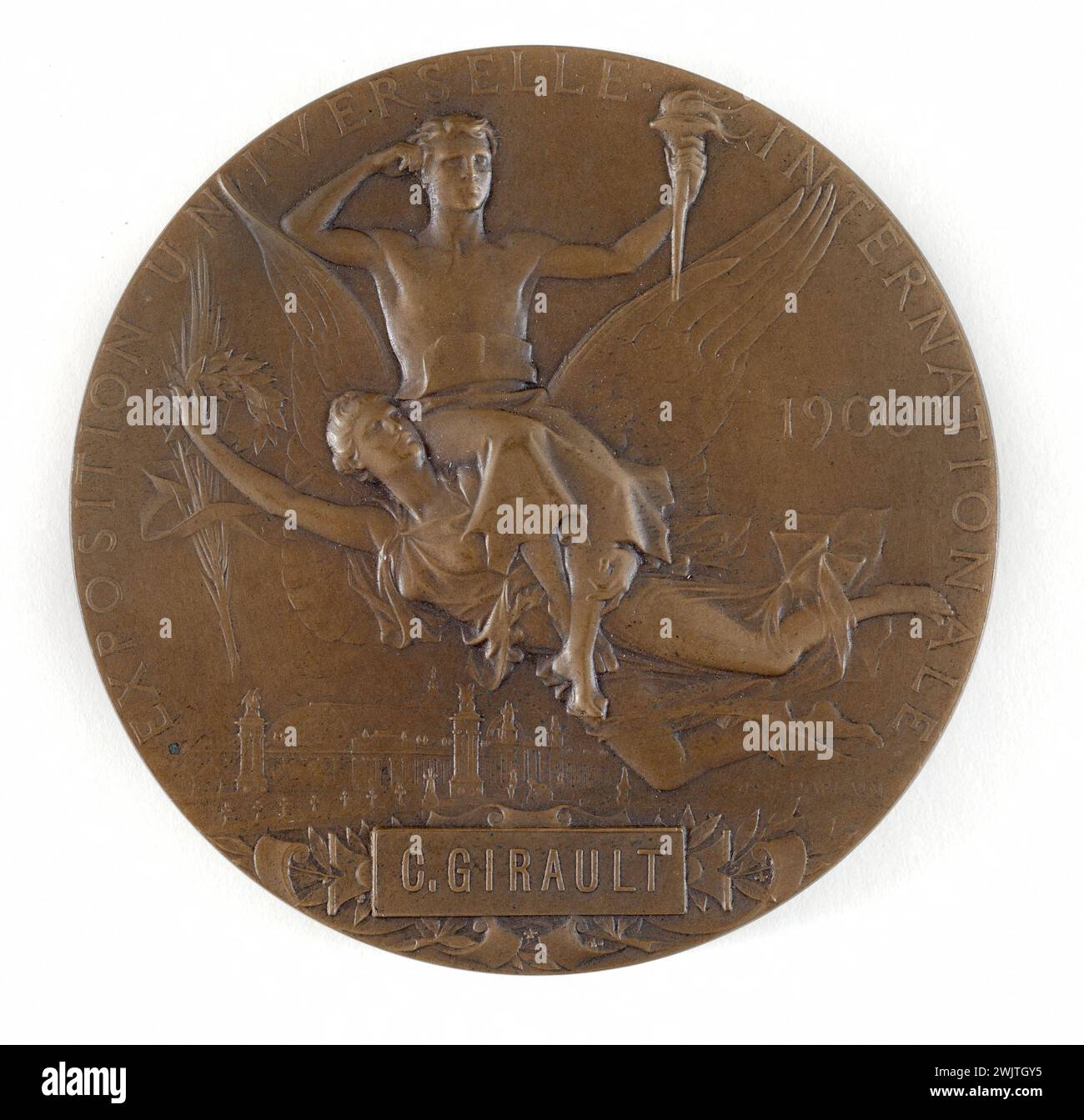 Jules-Clément cappellano (1839-1909). Premio per l'esposizione universale. Bronzo. 1900. Museo di Belle Arti della città di Parigi, Petit Palais. 78194-10 Ala, seduta, edificio, bronzo, esposizione universale internazionale 1900, donna, torcia, uomo, medaglia, portare, ricompensare, sportivo, tenere in mano, torcia Foto Stock