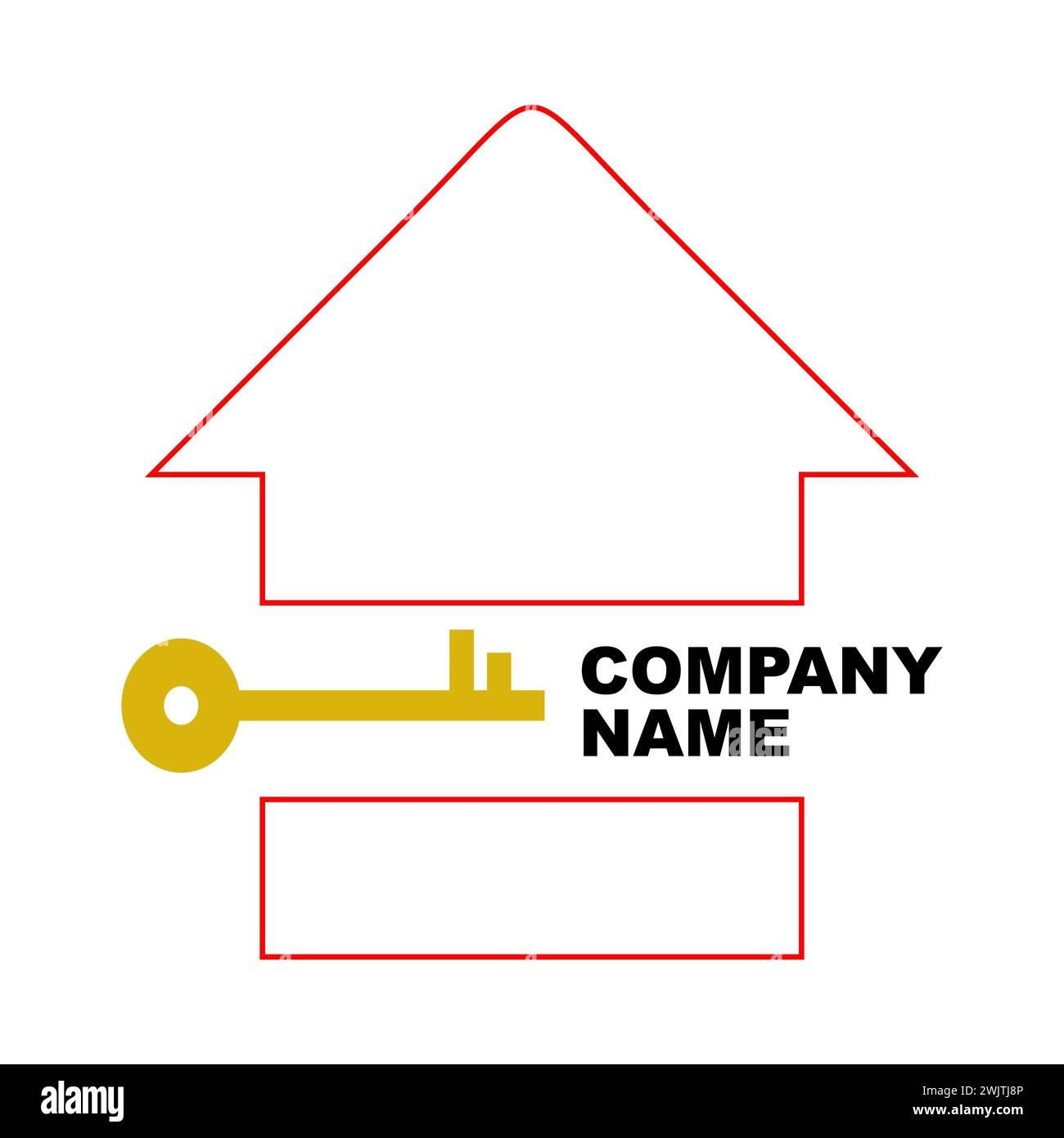 Chiave della casa con etichetta. Home creativa e dettagli con logo chiave con sfondo bianco. Immobiliare. Elemento modello disegno logo vettore piatto per Constructi Illustrazione Vettoriale