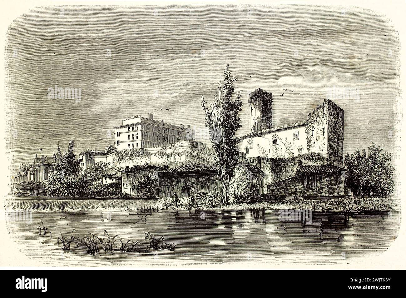 Vista del castello di Bourdeilles sul fiume, incisione orizzontale in bianco e nero su sfondo bianco da Magasin Pittoresque, 1852. Foto Stock