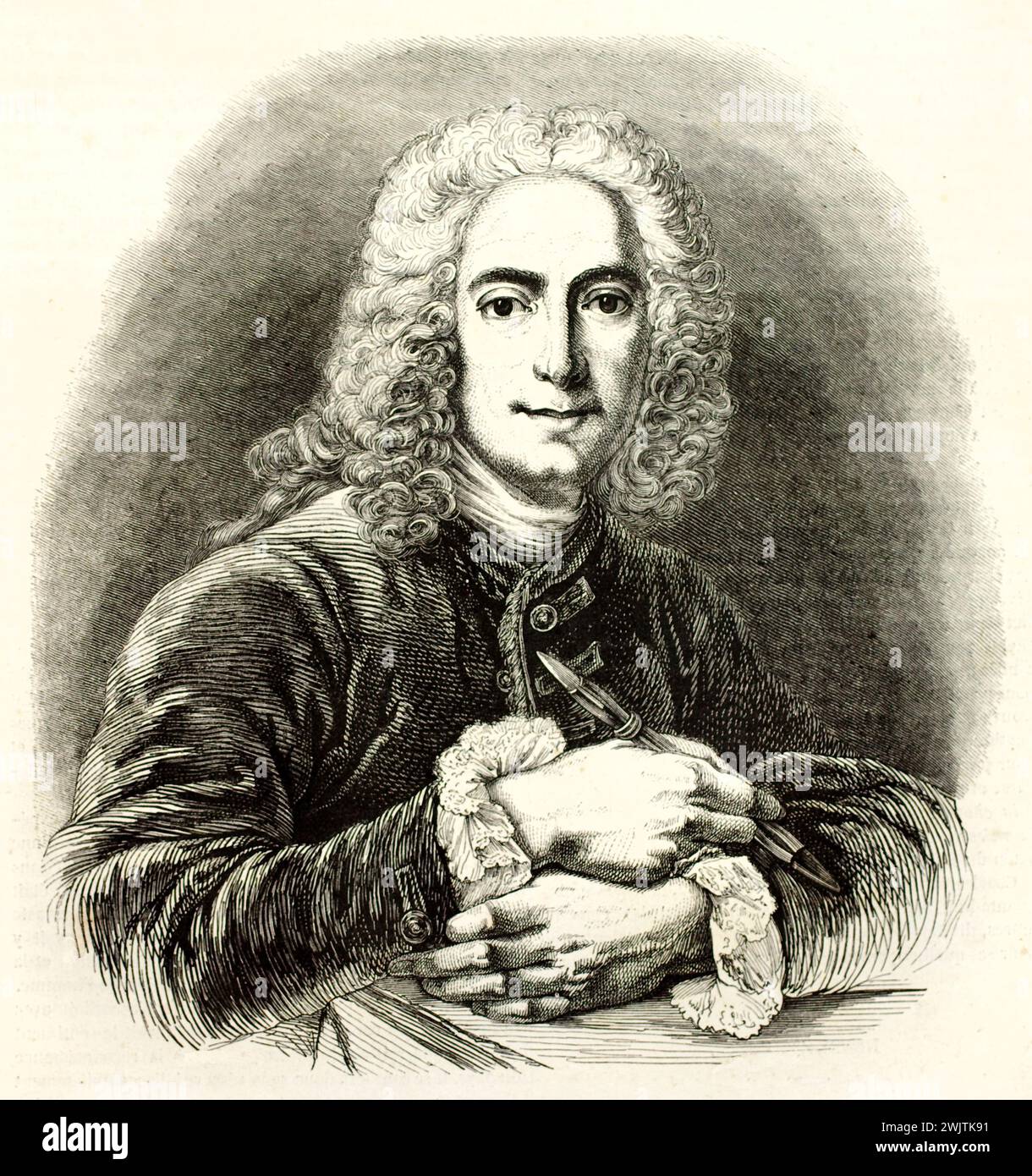 Vecchio portait inciso di Charles-Antoine Coypel (1694 - 1752) pittore francese. Creato da Bocourt e Gusmand, pubblicato su magasin Pittoresque, Parigi, Foto Stock