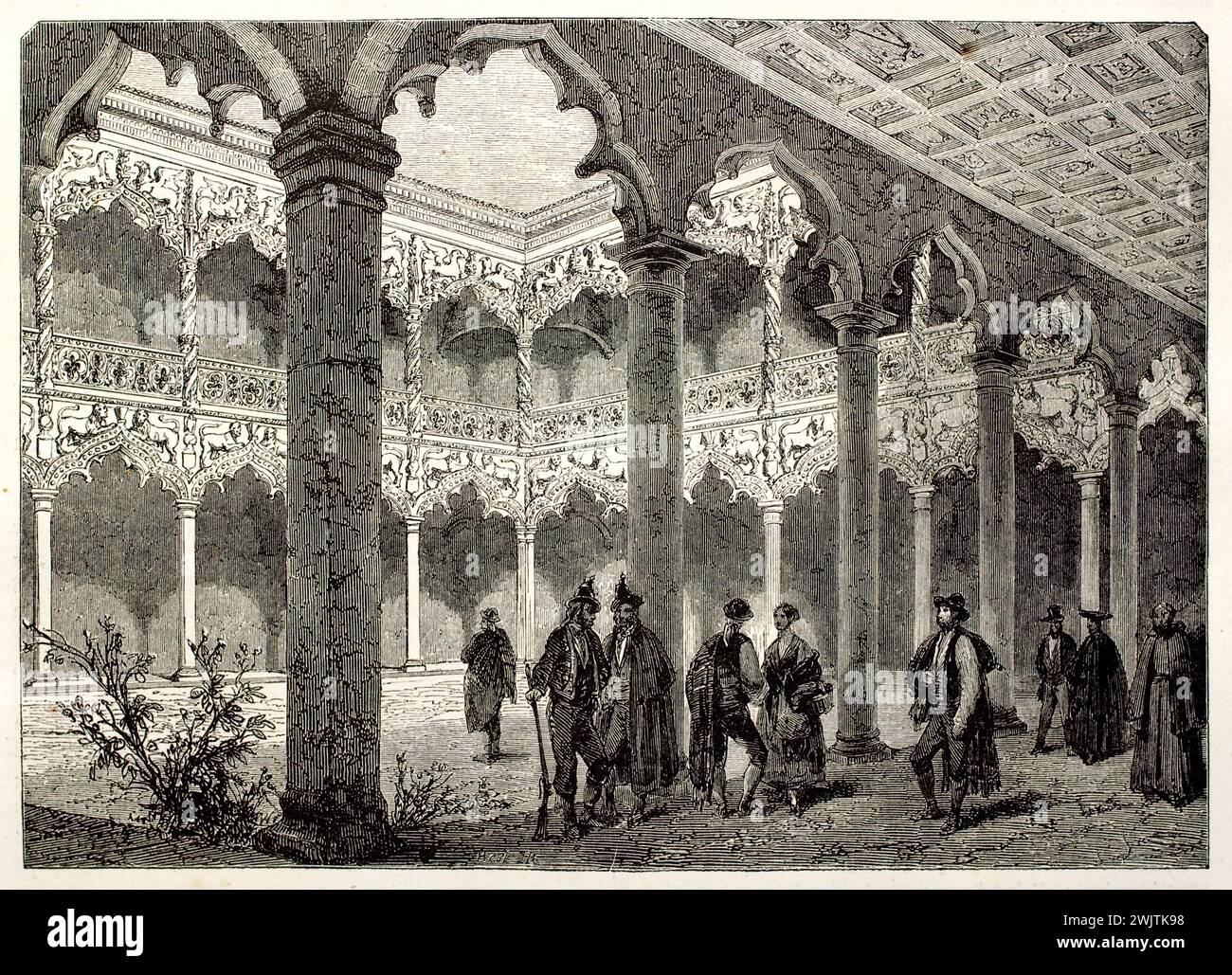 Corte dei Leoni nell'Alhambra con figure in abito tradizionale, incisione orizzontale in bianco e nero su sfondo bianco da Magasin Pittoresqu Foto Stock